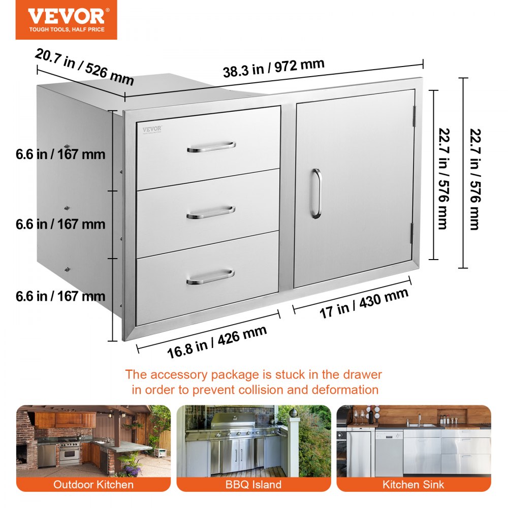 Combinación de cajones para cocina de exterior VEVOR con dimensiones y tres cajones junto a un armario.