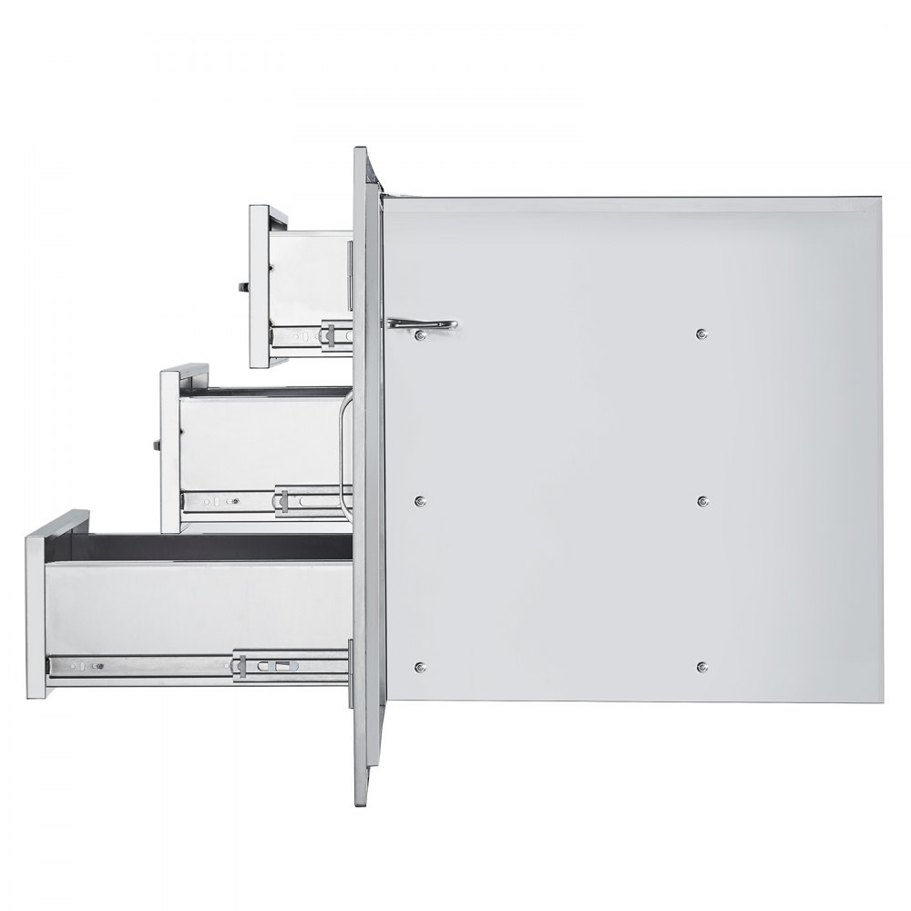 Combinación de cajones de cocina para exteriores VEVOR de acero inoxidable con tres cajones de almacenamiento abiertos.