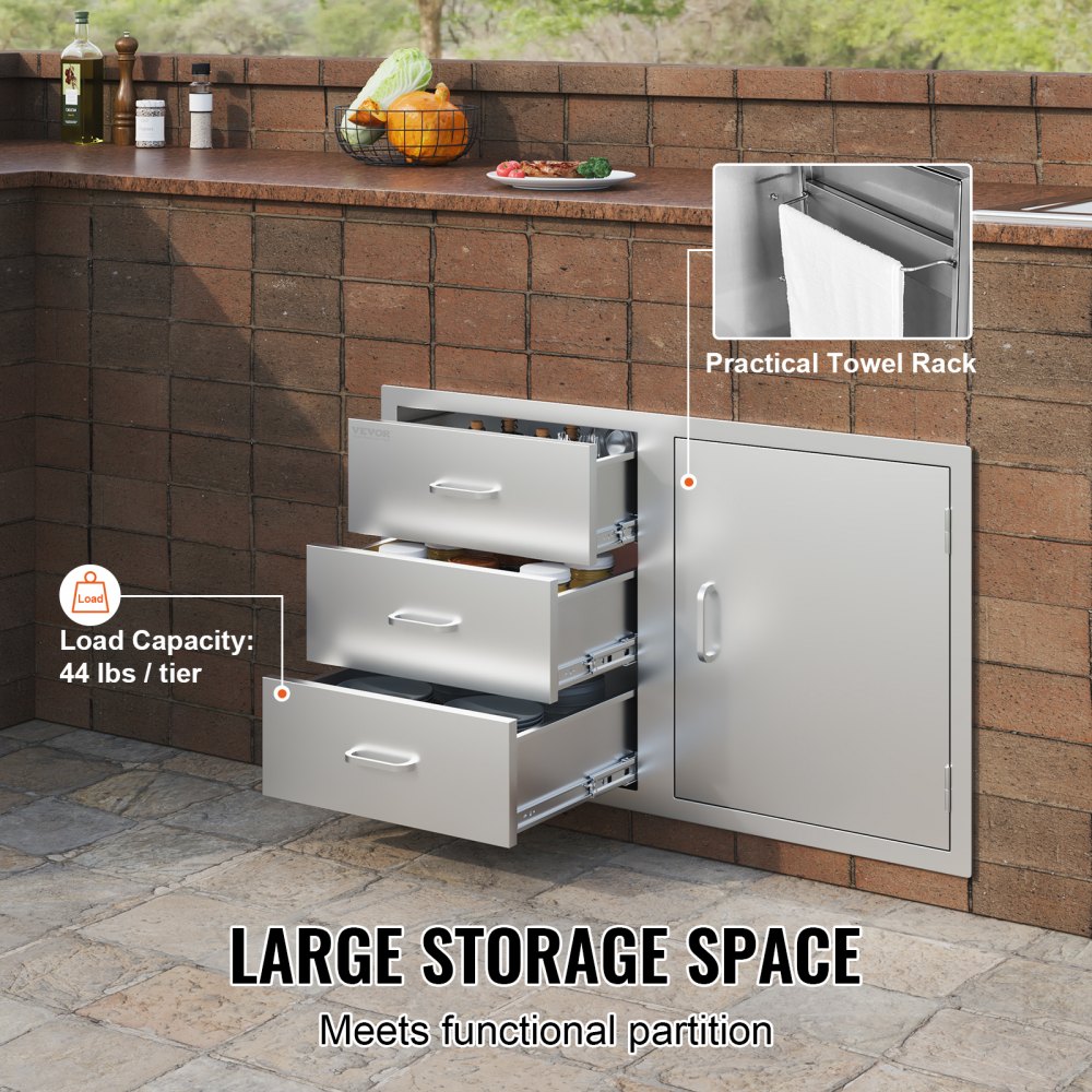 VEVOR Combo de cajón para puerta de cocina al aire libre 38.1\'\'W x 22.6\'\'H x 20.8\'\'D, puerta de acceso para barbacoa/cajones triples combinados con manijas de acero inoxidable, perfecto para la