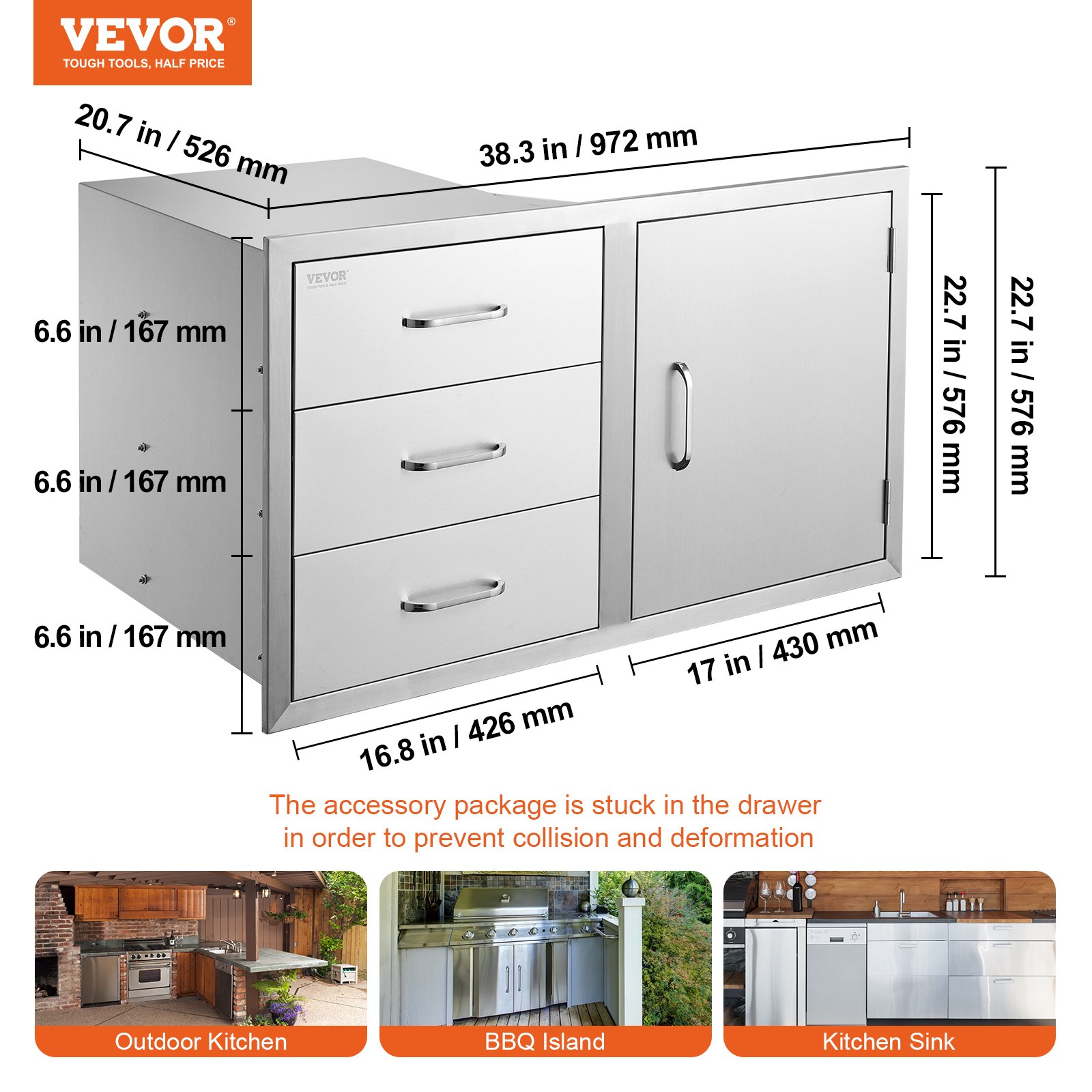 Combinación de cajones para cocina de exterior VEVOR con dimensiones y tres cajones junto a un armario.