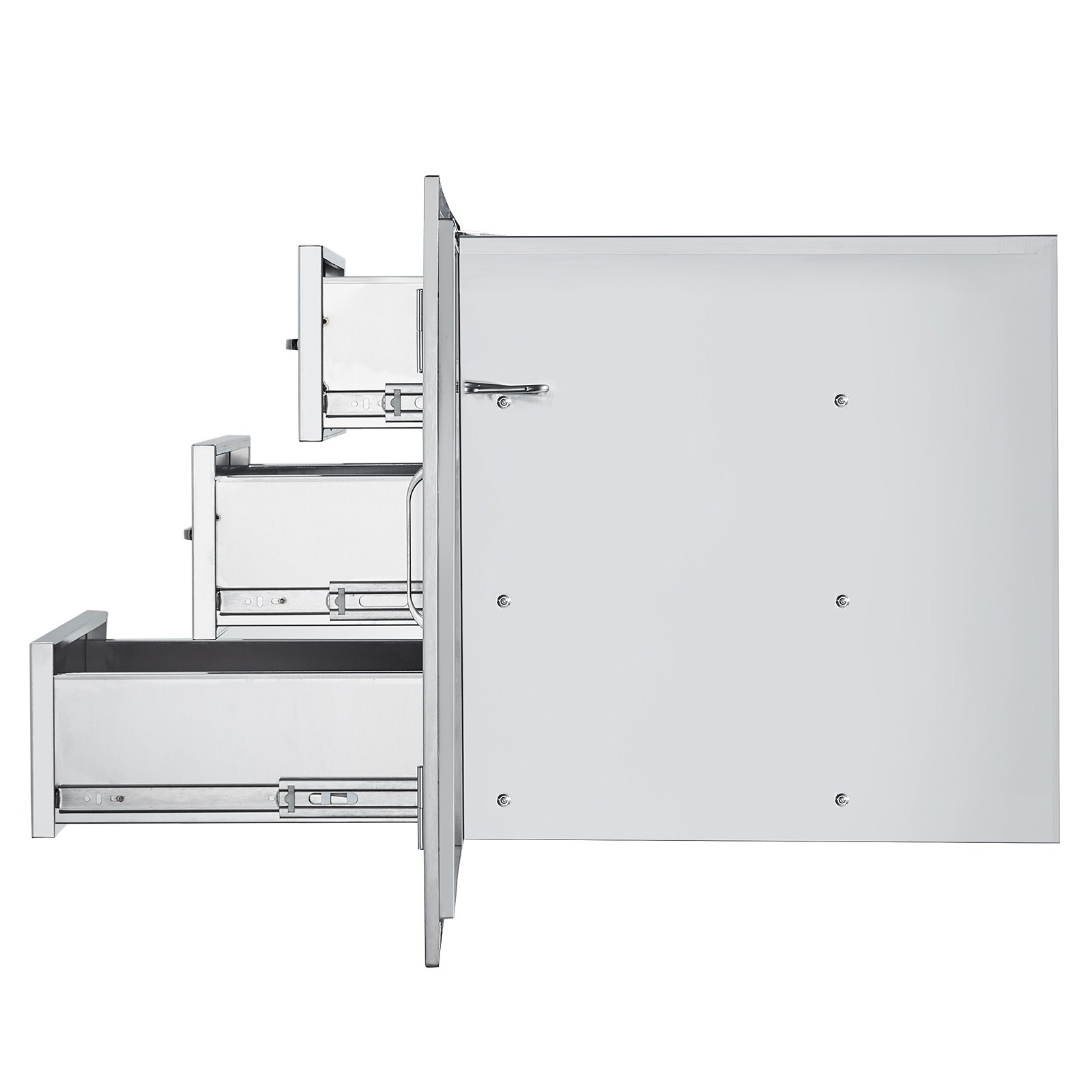 Combinación de cajones de cocina para exteriores VEVOR de acero inoxidable con tres cajones de almacenamiento abiertos.