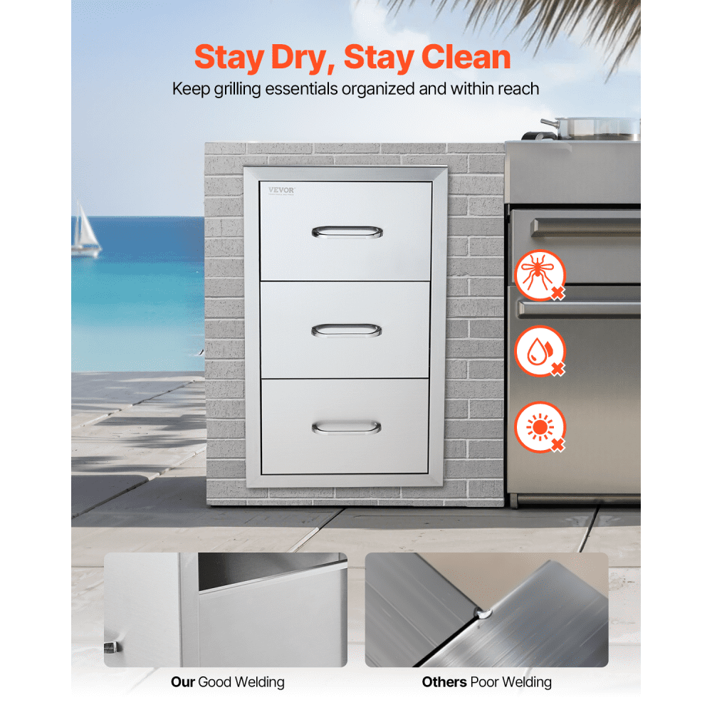 VEVOR Outdoor Kitchen Drawers 16\" W x 28.5\" H x 20.5\" D, Flush Mount Triple Access BBQ Drawers Stainless Steel with Handle, BBQ Island Drawers for Outdoor Kitchens or Patio Grill Station