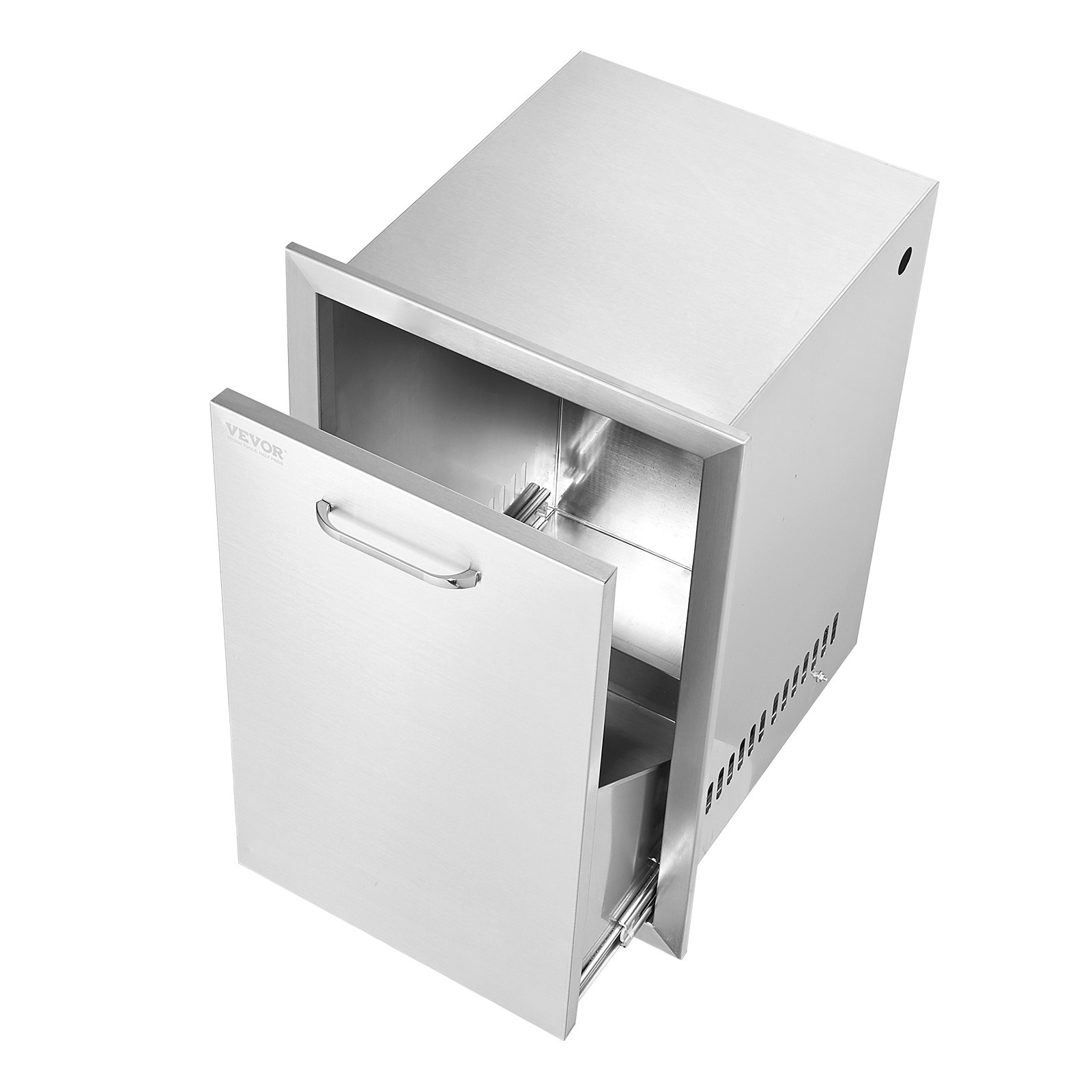 Cajón de cocina exterior VEVOR de acero inoxidable con tirador, parcialmente abierto y aislado.