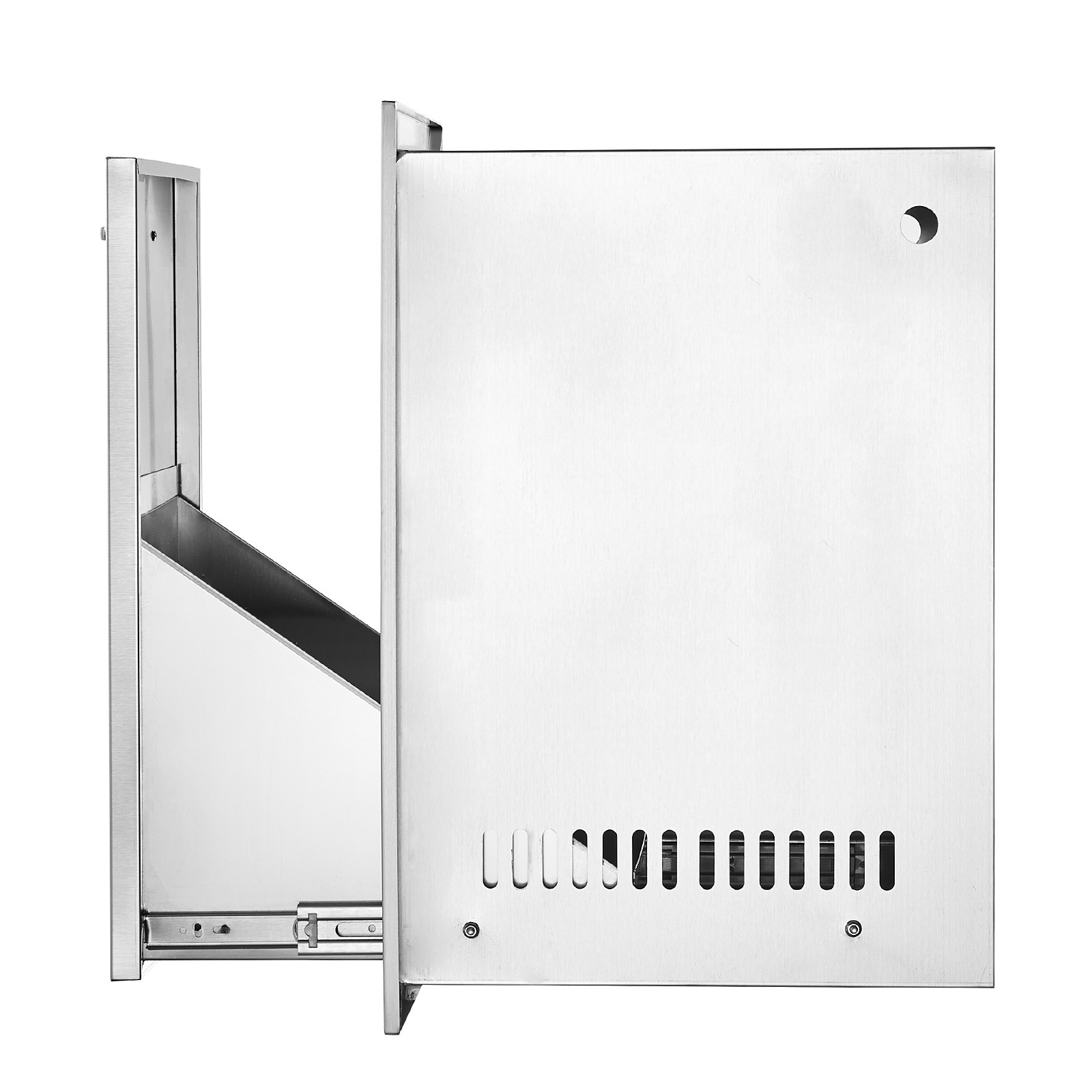 Cajón de cocina exterior VEVOR de acero inoxidable con ranuras de ventilación y asa lateral.