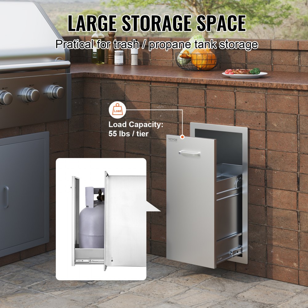 VEVOR Cajón de basura extraíble de 13.6 ancho x 26 alto x 19.3 pulgadas de profundidad, rieles deslizantes inferiores, cubo de basura enrollable de acero inoxidable, bandeja extraíble, cajón de basura de cocina al aire libre con asa para estación de parrilla de isla de barbacoa