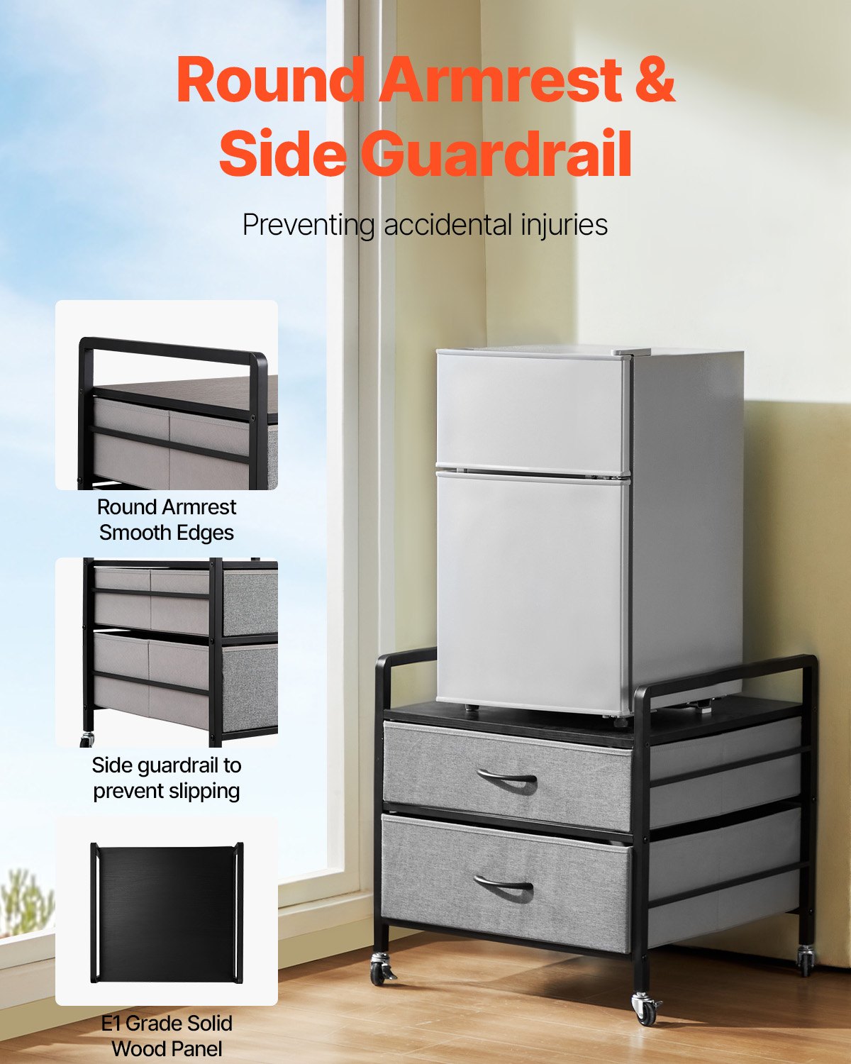 VEVOR - Soporte para mininevera con almacenamiento, mesa para mininevera con capacidad de 80 kg, 2 cajones y 4 ruedas giratorias, estante móvil para mininevera, organizador gris para mininevera, apartamento, oficina y dormitorio.