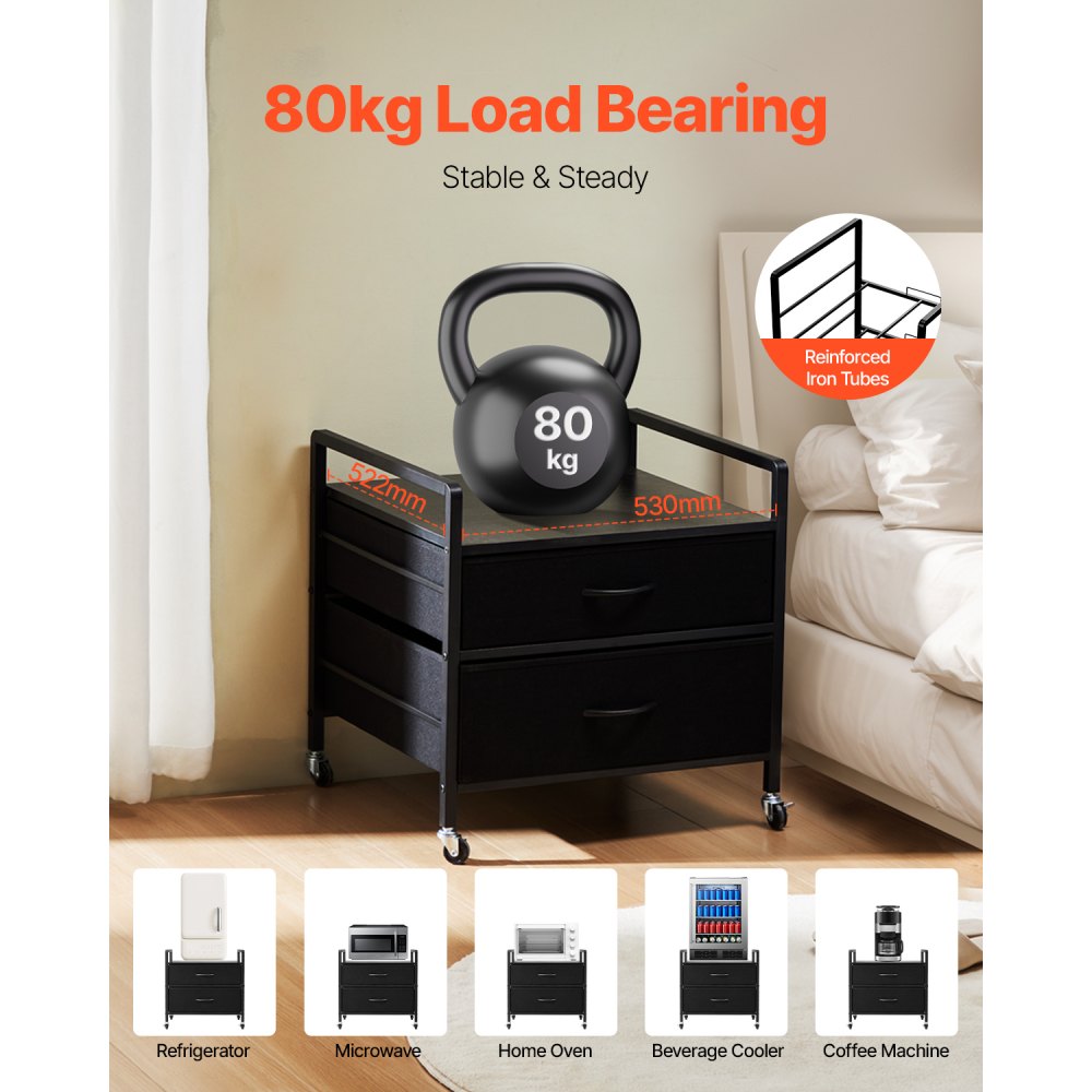 VEVOR - Soporte para mininevera con almacenamiento, mesa para mininevera con capacidad de 80 kg, 2 cajones y 4 ruedas giratorias, estante móvil para mininevera, organizador negro para dormitorio, apartamento, oficina y habitación.