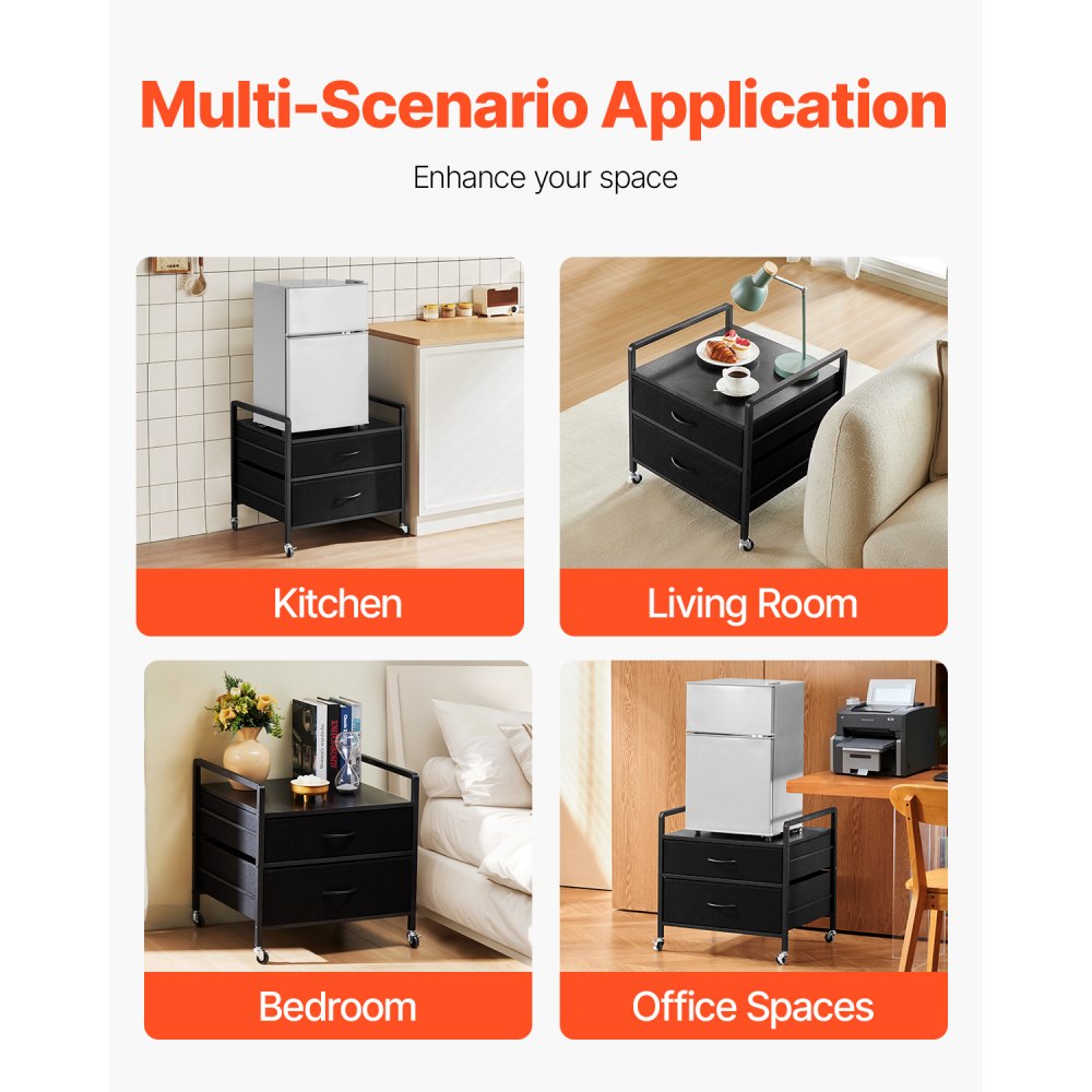 VEVOR - Soporte para mininevera con almacenamiento, mesa para mininevera con capacidad de 80 kg, 2 cajones y 4 ruedas giratorias, estante móvil para mininevera, organizador negro para dormitorio, apartamento, oficina y habitación.