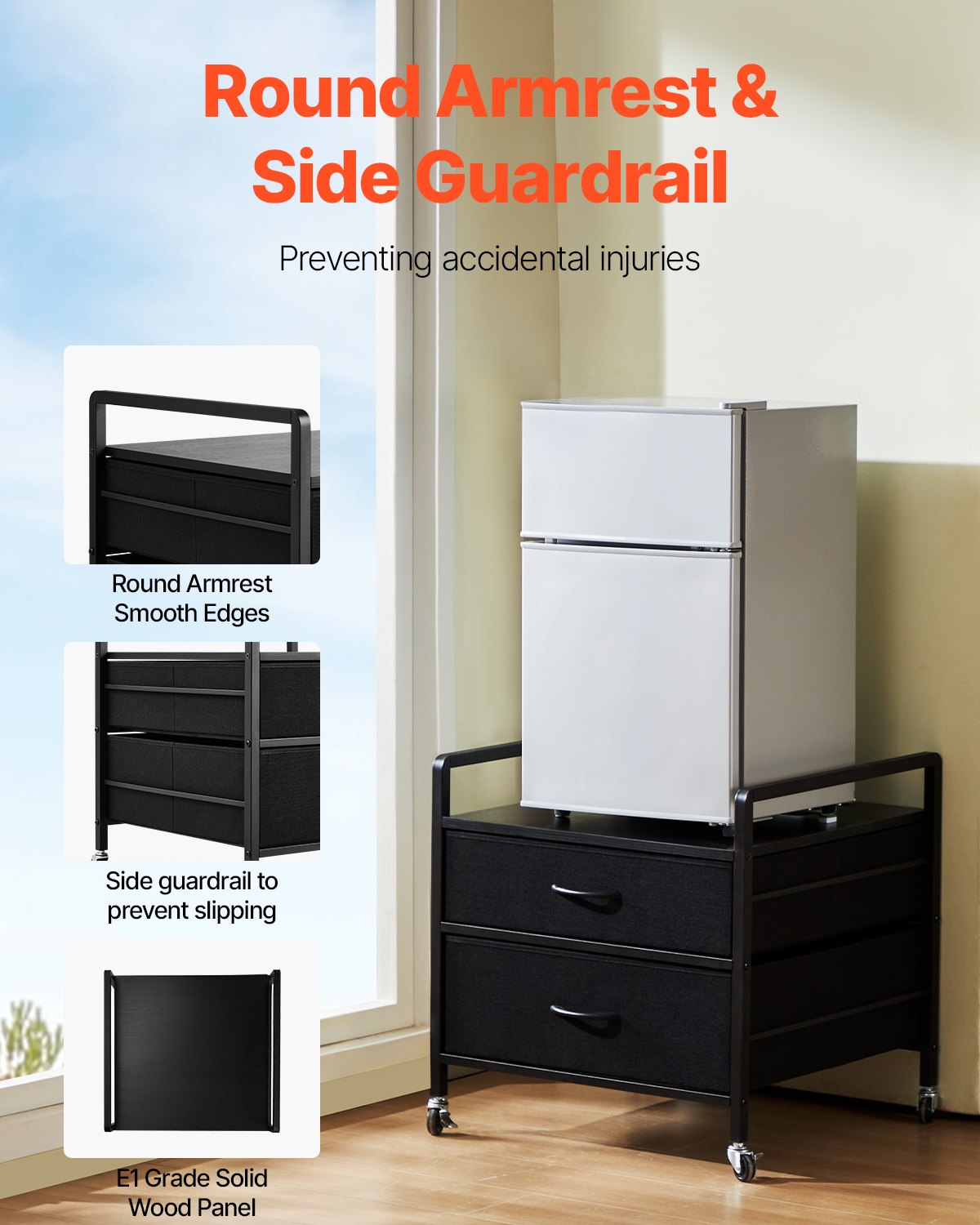 VEVOR - Soporte para mininevera con almacenamiento, mesa para mininevera con capacidad de 80 kg, 2 cajones y 4 ruedas giratorias, estante móvil para mininevera, organizador negro para dormitorio, apartamento, oficina y habitación.