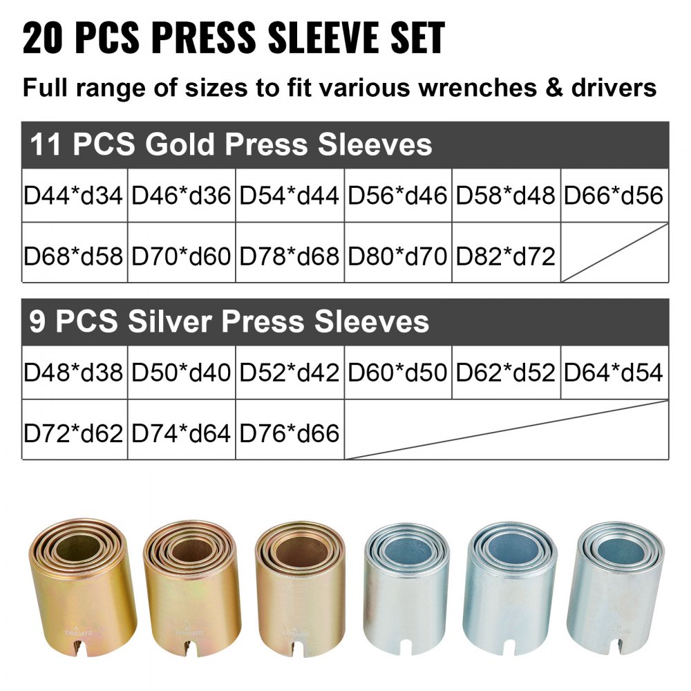 Kit de 20 manguitos de presión y tracción VEVOR con 11 manguitos de presión dorados y 9 plateados para diversas herramientas.