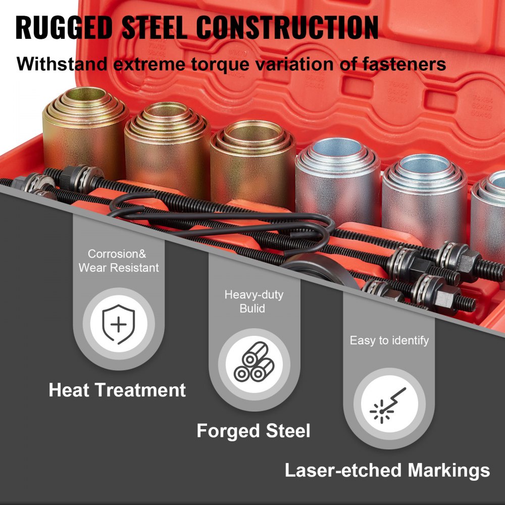 Kit de manguito de extracción y presión VEVOR en un estuche rojo con construcción de acero resistente, pernos y marcas grabadas con láser.