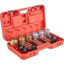 Estuche de transporte rojo con kit de manguitos de tracción y presión VEVOR, que muestra componentes metálicos y varillas roscadas.