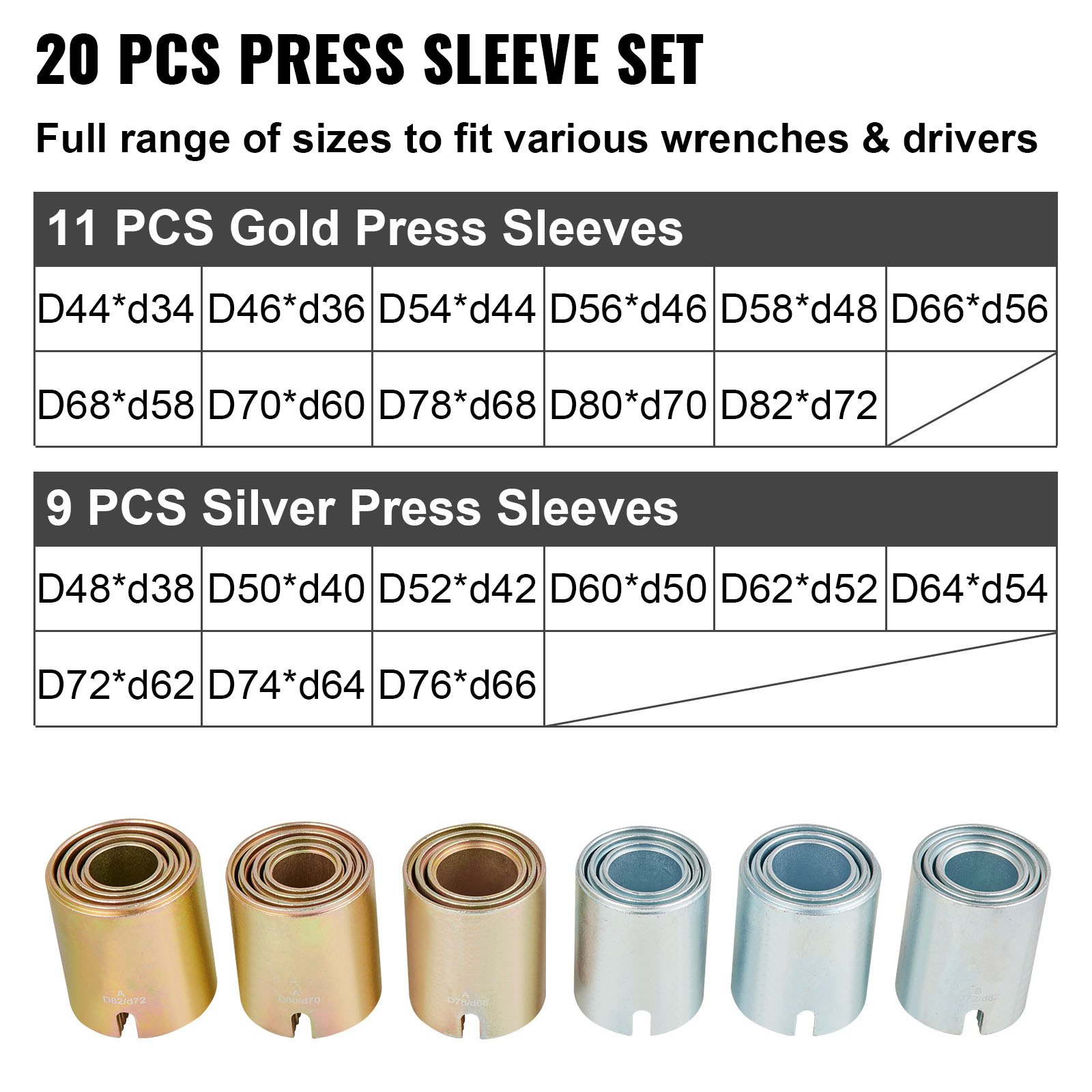 Kit de 20 manguitos de presión y tracción VEVOR con 11 manguitos de presión dorados y 9 plateados para diversas herramientas.