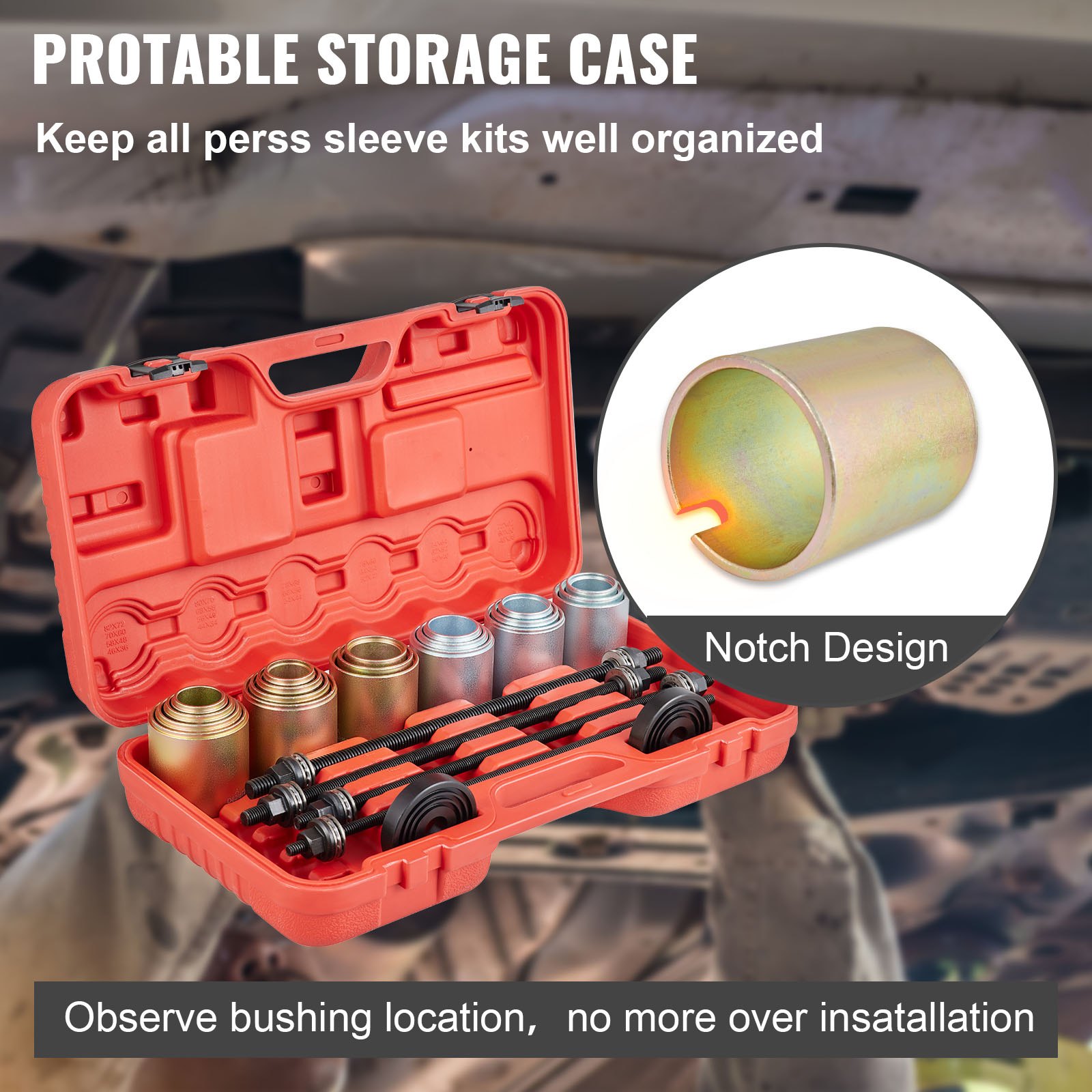 Estuche de almacenamiento rojo del kit de manguitos de tracción y presión VEVOR con manguitos y varillas de metal organizados.