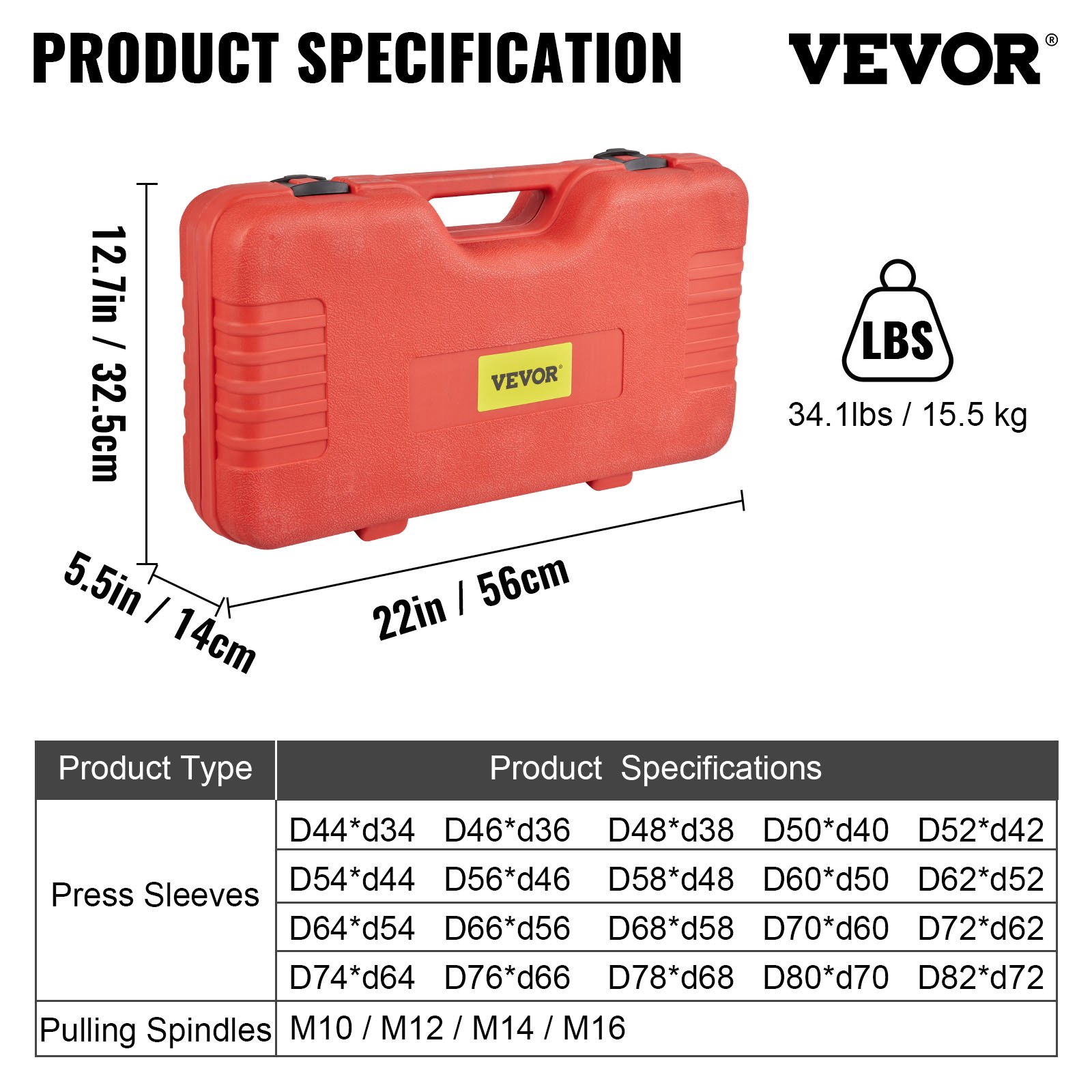 Kit de funda de tracción y presión VEVOR en estuche rojo, dimensiones 22 pulgadas x 12,7 pulgadas x 5,5 pulgadas, 34,1 libras/15,5 kg.