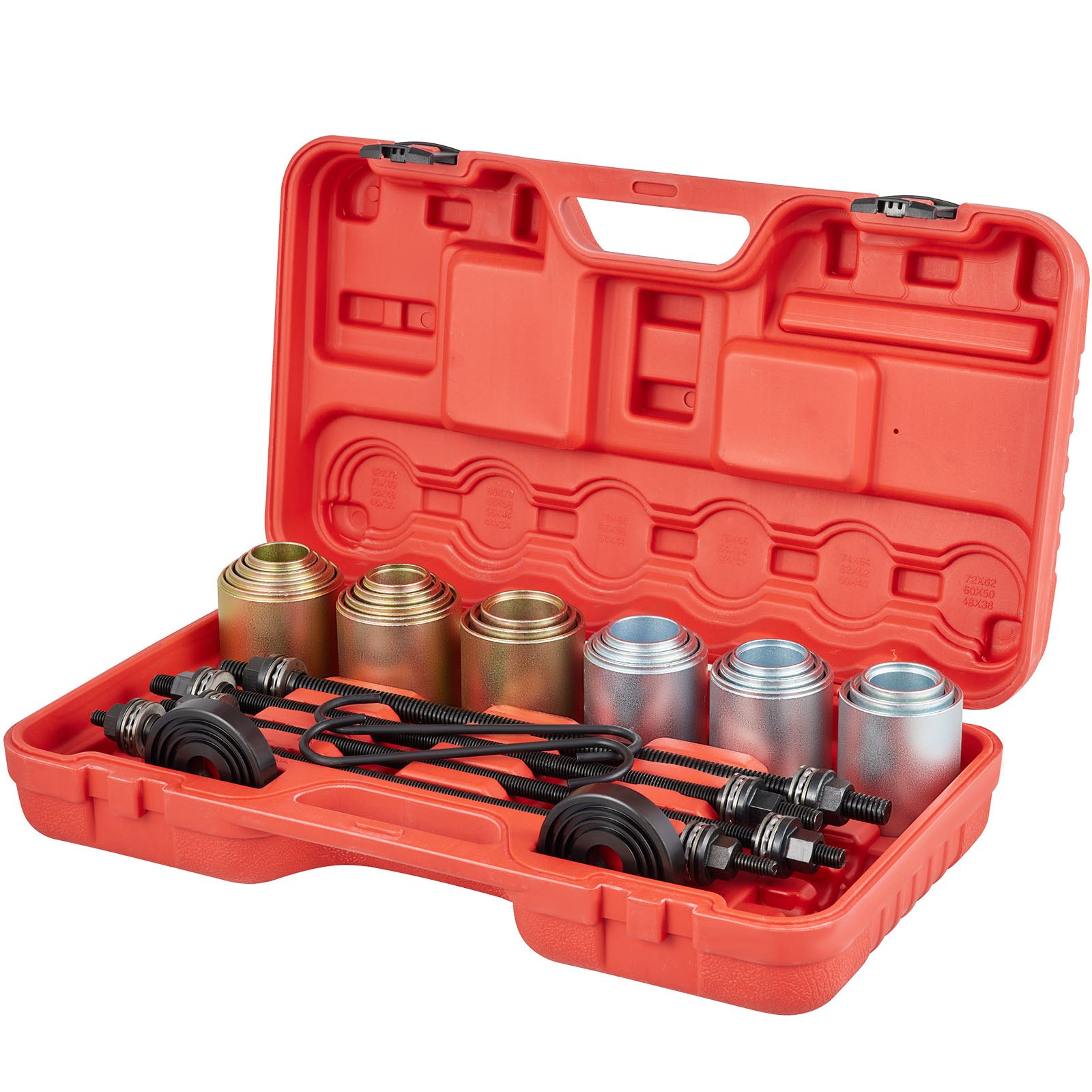 Kit de fundas de extracción y presión VEVOR en estuche de transporte rojo, con fundas de metal variadas y herrajes.