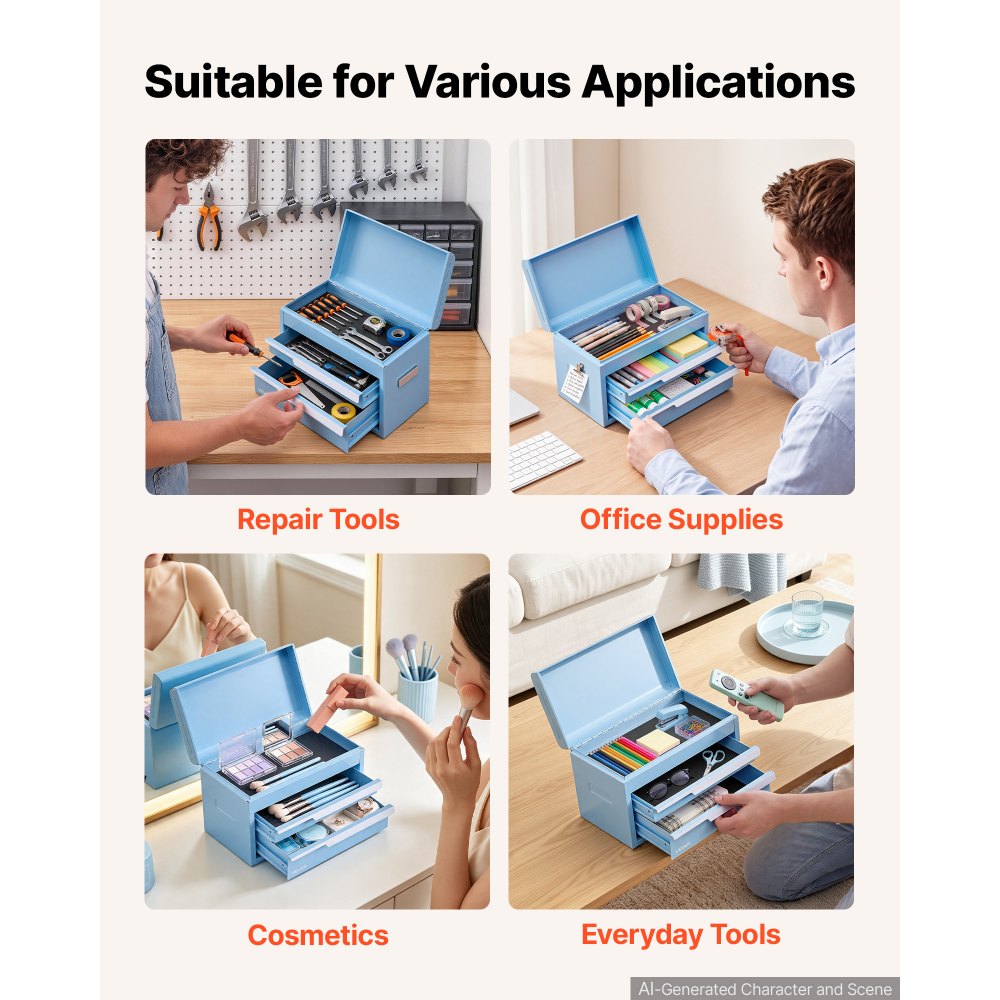 VEVOR Caja de Herramientas Acero 2 Cajones Compartimento Superior Portátil con Revestimientos de EVA, Diseño Magnético, Patas Antideslizantes y Acabado, Azul para Taller, Garaje y Banco de Trabajo