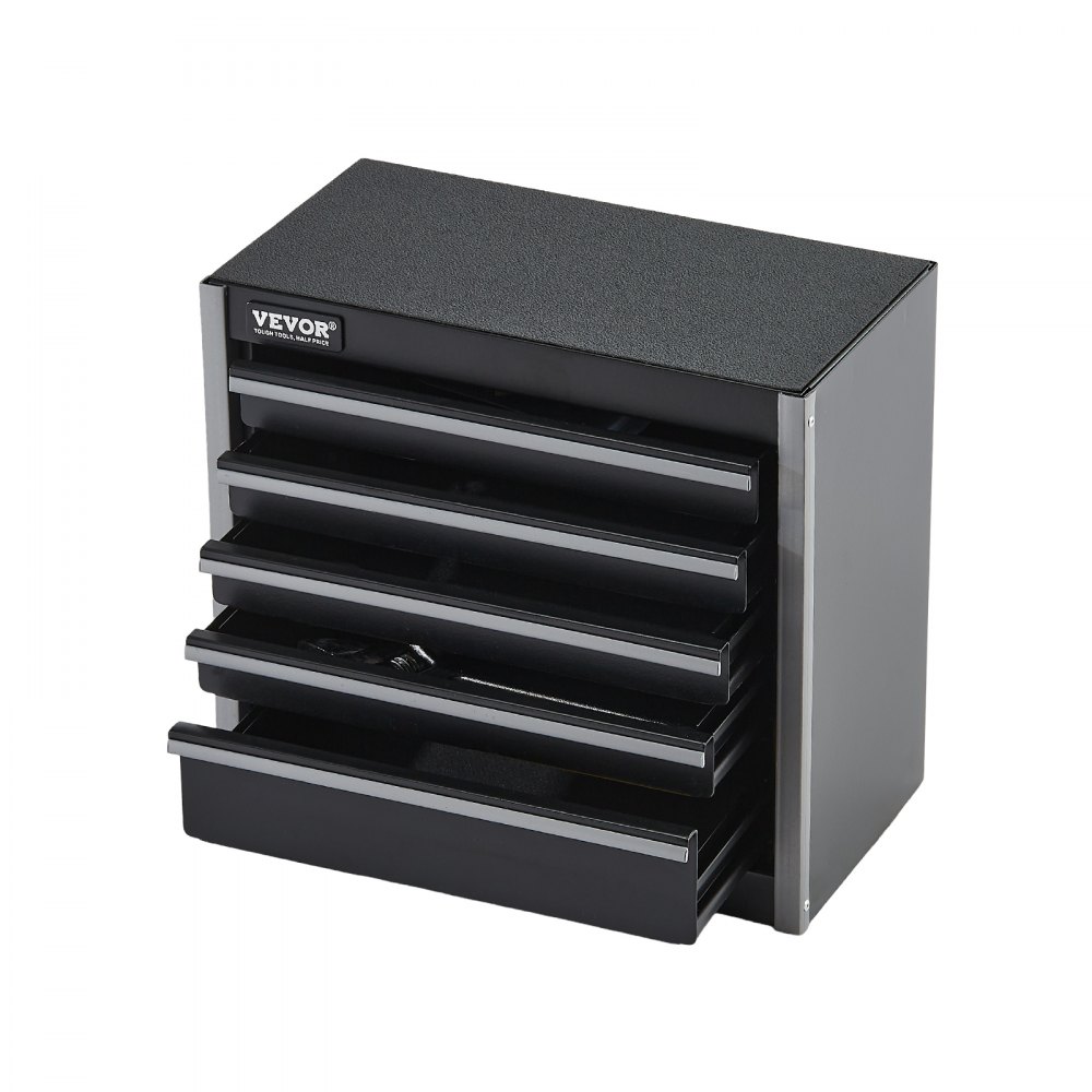 Caja de herramientas metálica VEVOR de 8,6 pulgadas, portátil, con 5 cajones, pequeña, con revestimiento de EVA y patas de PP, de acero resistente con apertura para rodamientos de bolas y acabado con recubrimiento en polvo, color negro.