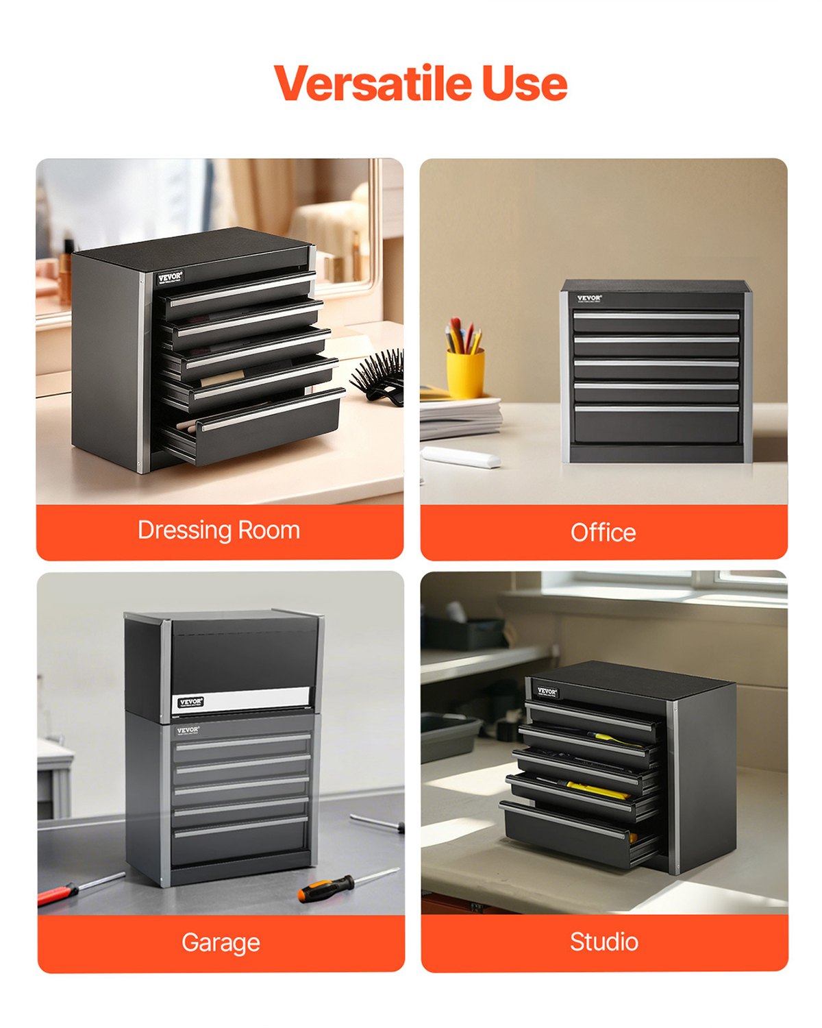 Caja de herramientas metálica VEVOR de 8,6 pulgadas, portátil, con 5 cajones, pequeña, con revestimiento de EVA y patas de PP, de acero resistente con apertura para rodamientos de bolas y acabado con recubrimiento en polvo, color negro.