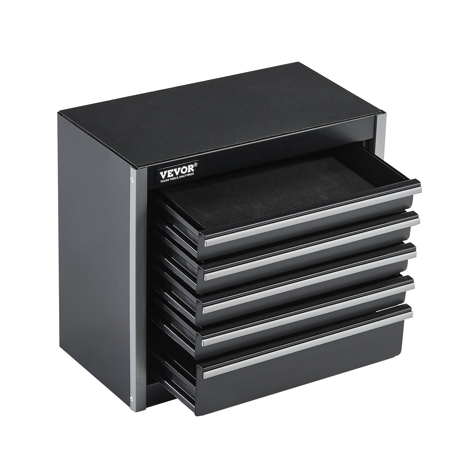 Caja de herramientas metálica VEVOR de 8,6 pulgadas, portátil, con 5 cajones, pequeña, con revestimiento de EVA y patas de PP, de acero resistente con apertura para rodamientos de bolas y acabado con recubrimiento en polvo, color negro.