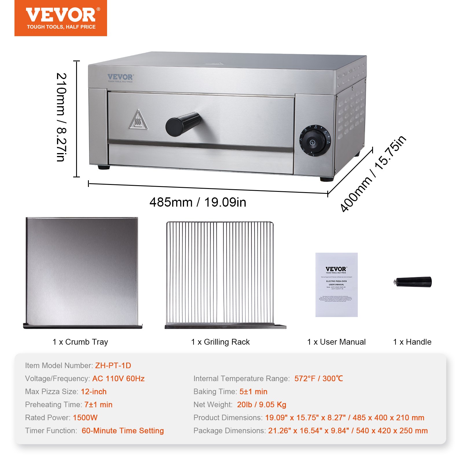 VEVOR Horno eléctrico para pizza de encimera de 12 pulgadas, 1500 W, horno de pizza comercial con temporizador de 0 a 60 minutos, pizzera de acero inoxidable con bandeja extraíble para migas para uso comercial y doméstico, certificado ETL