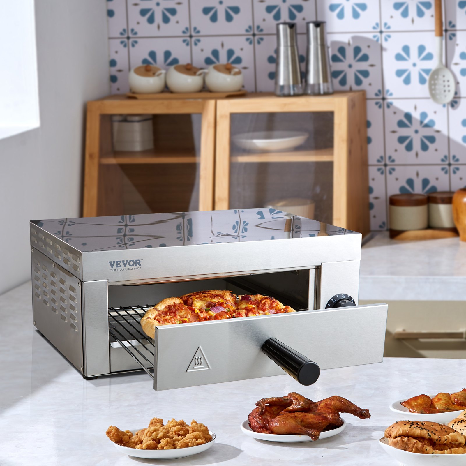 VEVOR Horno eléctrico para pizza de encimera de 12 pulgadas, 1500 W, horno de pizza comercial con temporizador de 0 a 60 minutos, pizzera de acero inoxidable con bandeja extraíble para migas para uso comercial y doméstico, certificado ETL