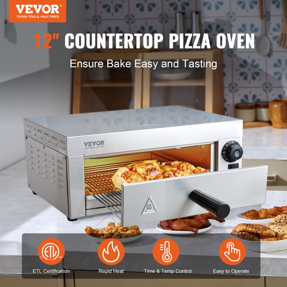 VEVOR Horno eléctrico para pizza de encimera de 12 pulgadas, horno de pizza comercial de 1500 W con temperatura ajustable, temporizador de 0 a 60 minutos, máquina para hornear pizza uniforme de 360° y