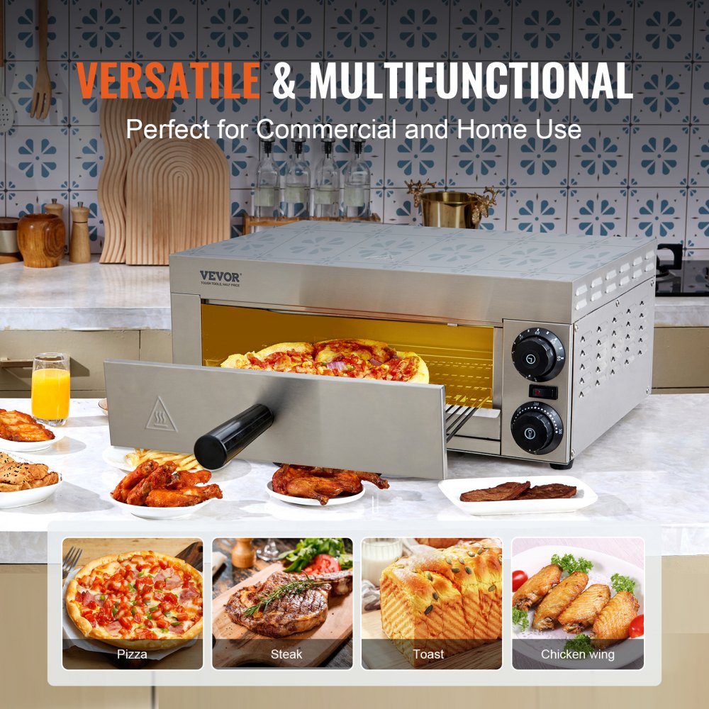 VEVOR Horno eléctrico para pizza de encimera de 12 pulgadas, horno de pizza comercial de 1500 W con temperatura ajustable, temporizador de 0 a 60 minutos, máquina para hornear pizza uniforme de 360° y