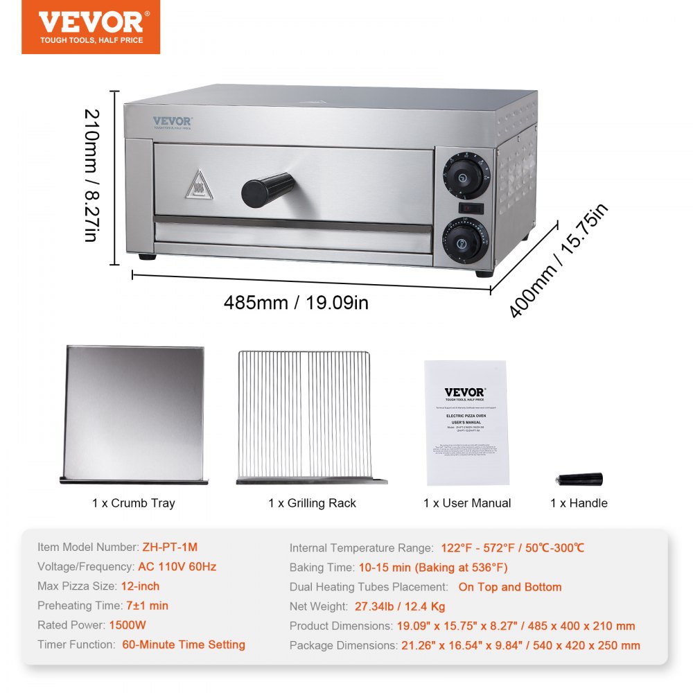 VEVOR Horno eléctrico para pizza de encimera de 12 pulgadas, horno de pizza comercial de 1500 W con temperatura ajustable, temporizador de 0 a 60 minutos, máquina para hornear pizza uniforme de 360° y