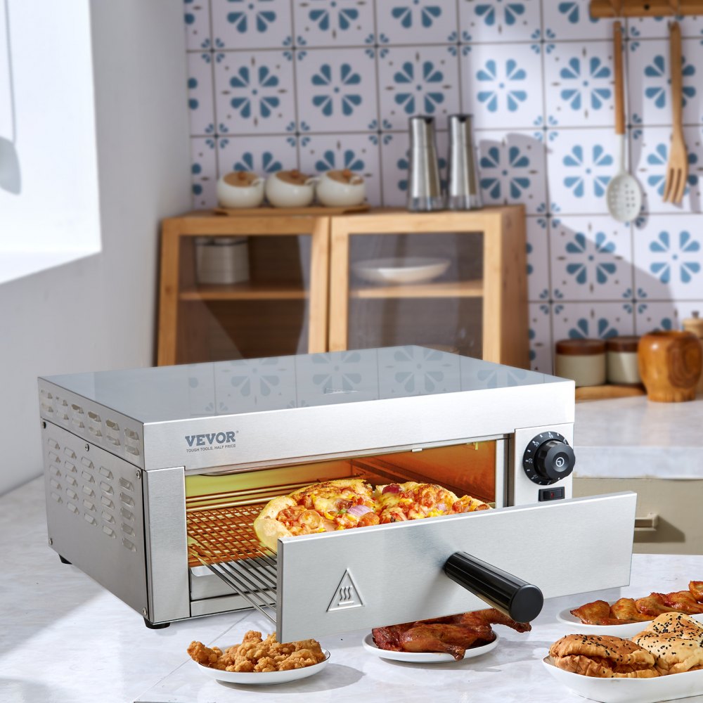 VEVOR Horno eléctrico para pizza de encimera de 12 pulgadas, horno de pizza comercial de 1500 W con temperatura ajustable, temporizador de 0 a 60 minutos, máquina para hornear pizza uniforme de 360° y