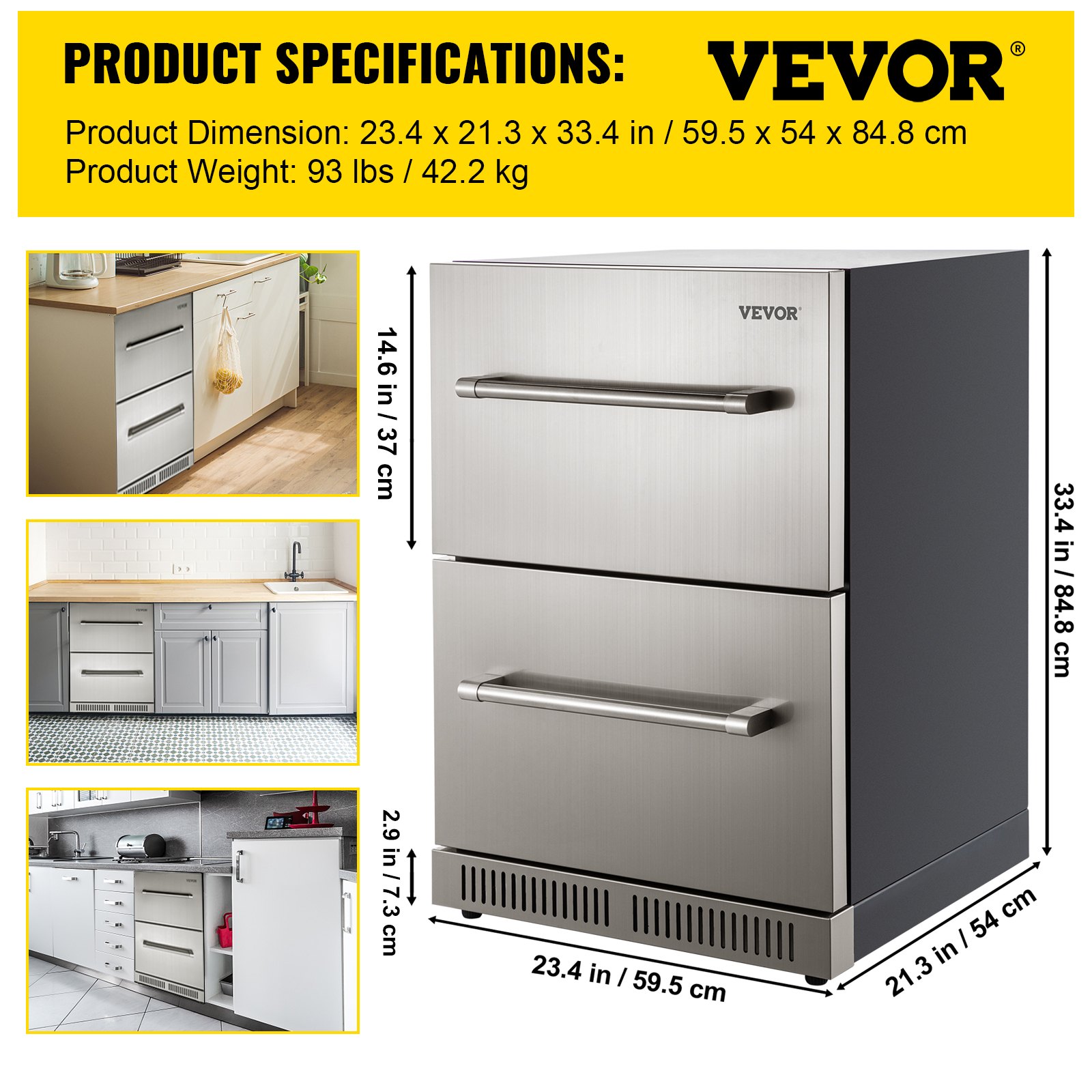 Refrigerador bajo mesada VEVOR Refrigerador empotrable de doble cajón 24 " SUS