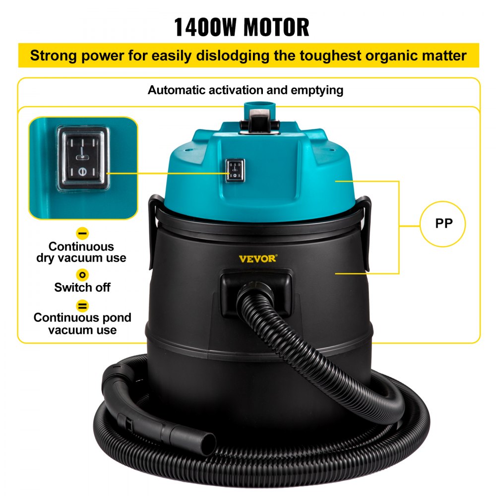 Aspiradora de estanque, motor de 1400w, sistema de aspiración de Cámara única, motor de 120v, con alambre de 15 pies, 4 cabezas de cepillo, 4 tubos de extensión, 1 Bolsa de filtro para limpieza multip
