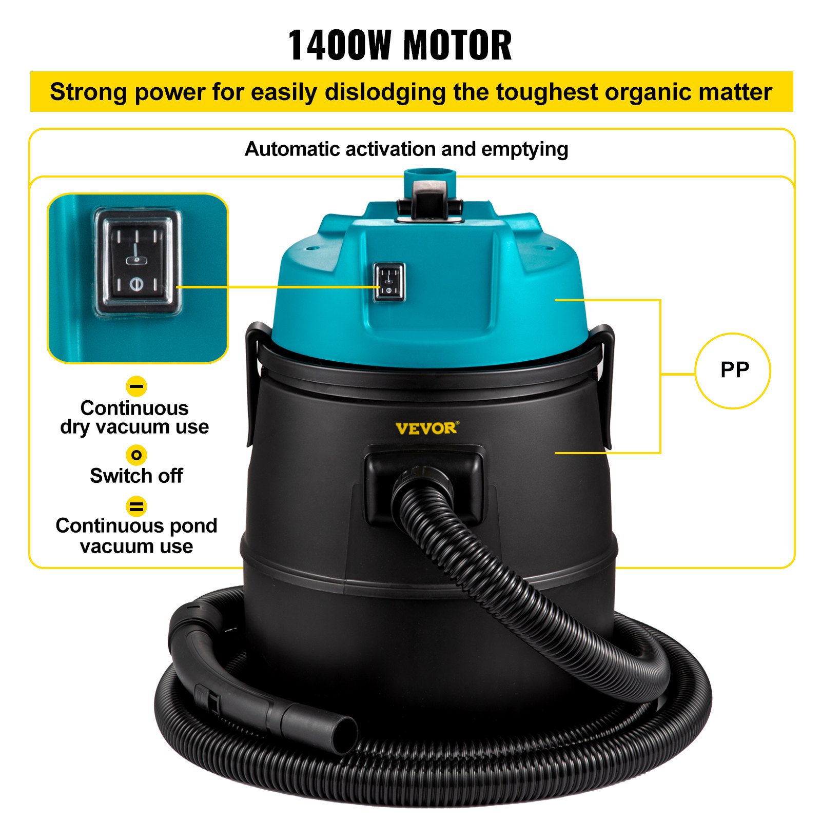 Aspiradora de estanque, motor de 1400w, sistema de aspiración de Cámara única, motor de 120v, con alambre de 15 pies, 4 cabezas de cepillo, 4 tubos de extensión, 1 Bolsa de filtro para limpieza multip