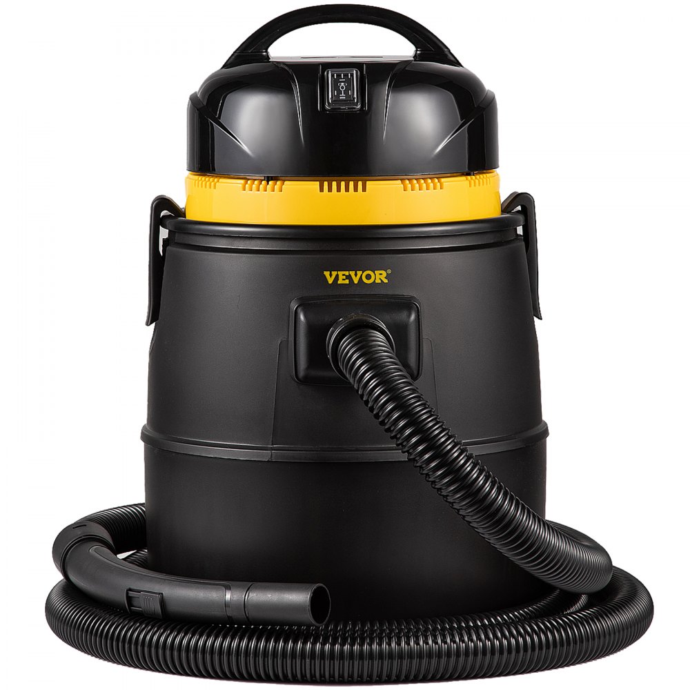 Aspirador de estanque VEVOR en color negro con parte superior amarilla y manguera enrollada alrededor.