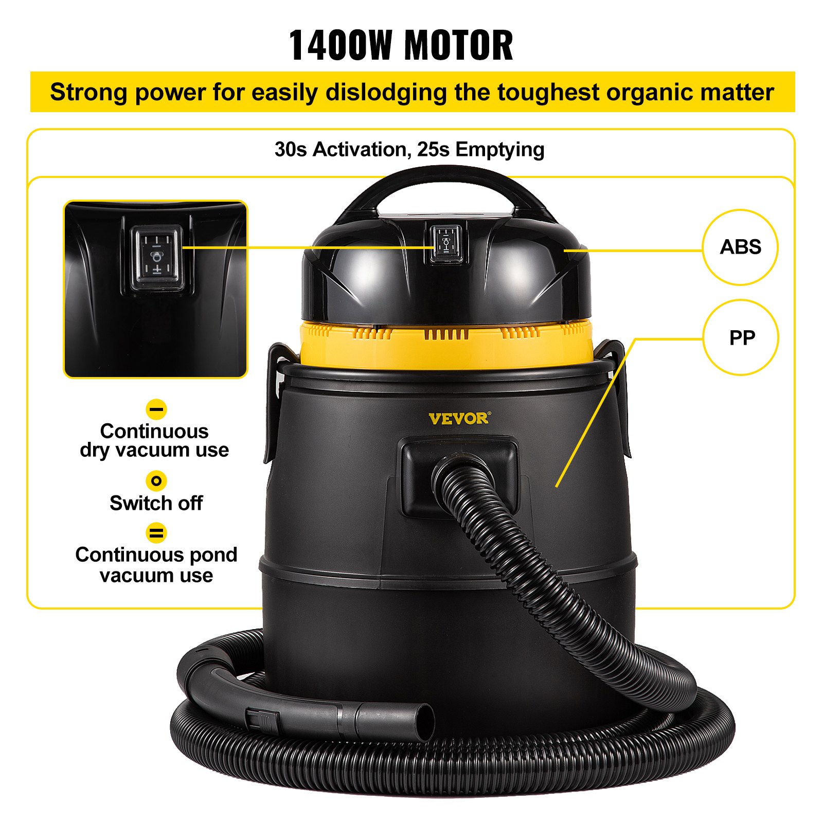 Aspirador de estanque VEVOR con motor de 1400w, construcción ABS y PP, modos de uso continuo.