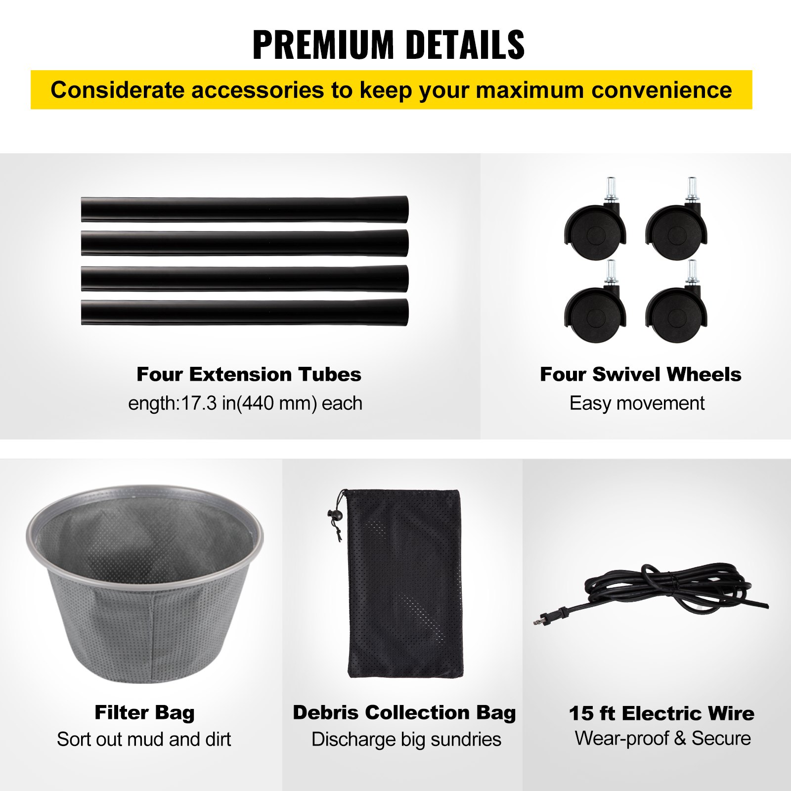 Aspirador de estanque VEVOR: cuatro tubos de extensión, ruedas giratorias, bolsa de filtro y cable eléctrico.