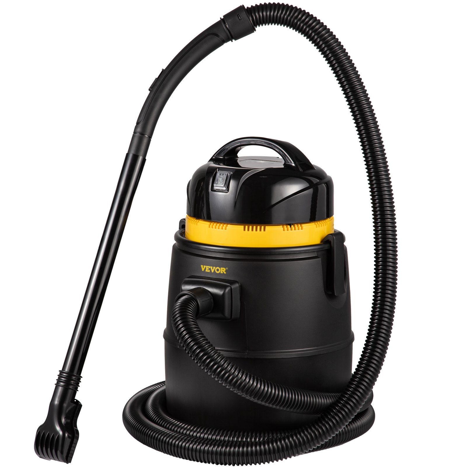 Aspirador de estanque VEVOR con cuerpo negro y conexión de manguera flexible.