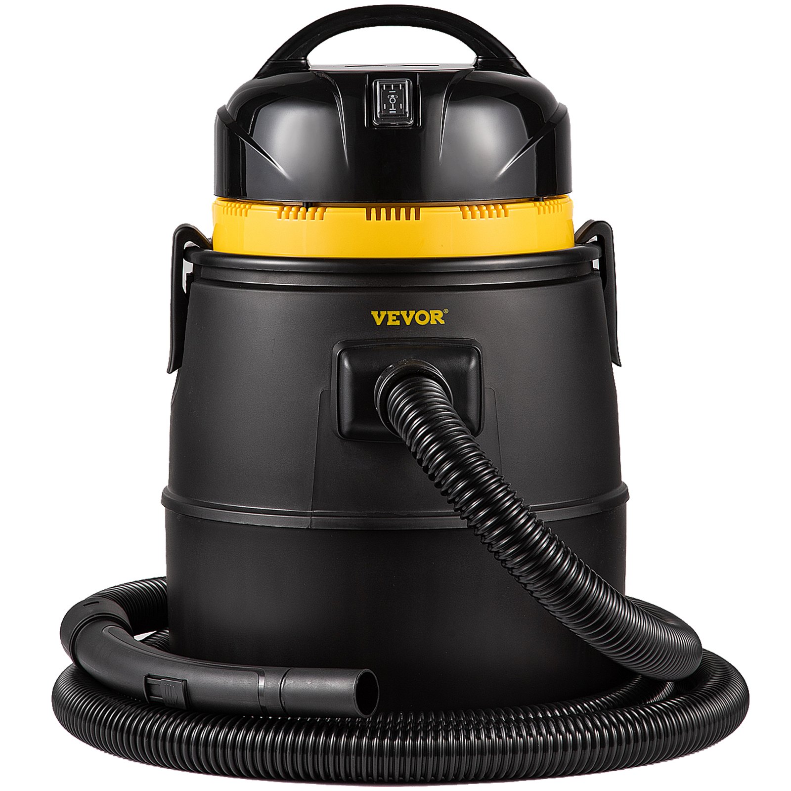 Aspirador de estanque VEVOR en color negro con parte superior amarilla y manguera enrollada alrededor.