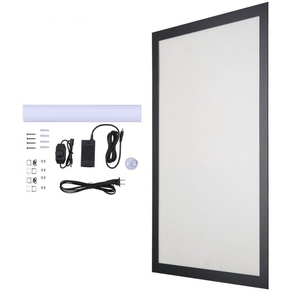 Marco de póster LED VEVOR con kit de instalación, fuente de alimentación y accesorios. Elegante diseño de marco negro.