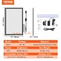 Dimensiones del marco del cartel LED VEVOR, accesorios de instalación, cable de alimentación y especificaciones del producto.