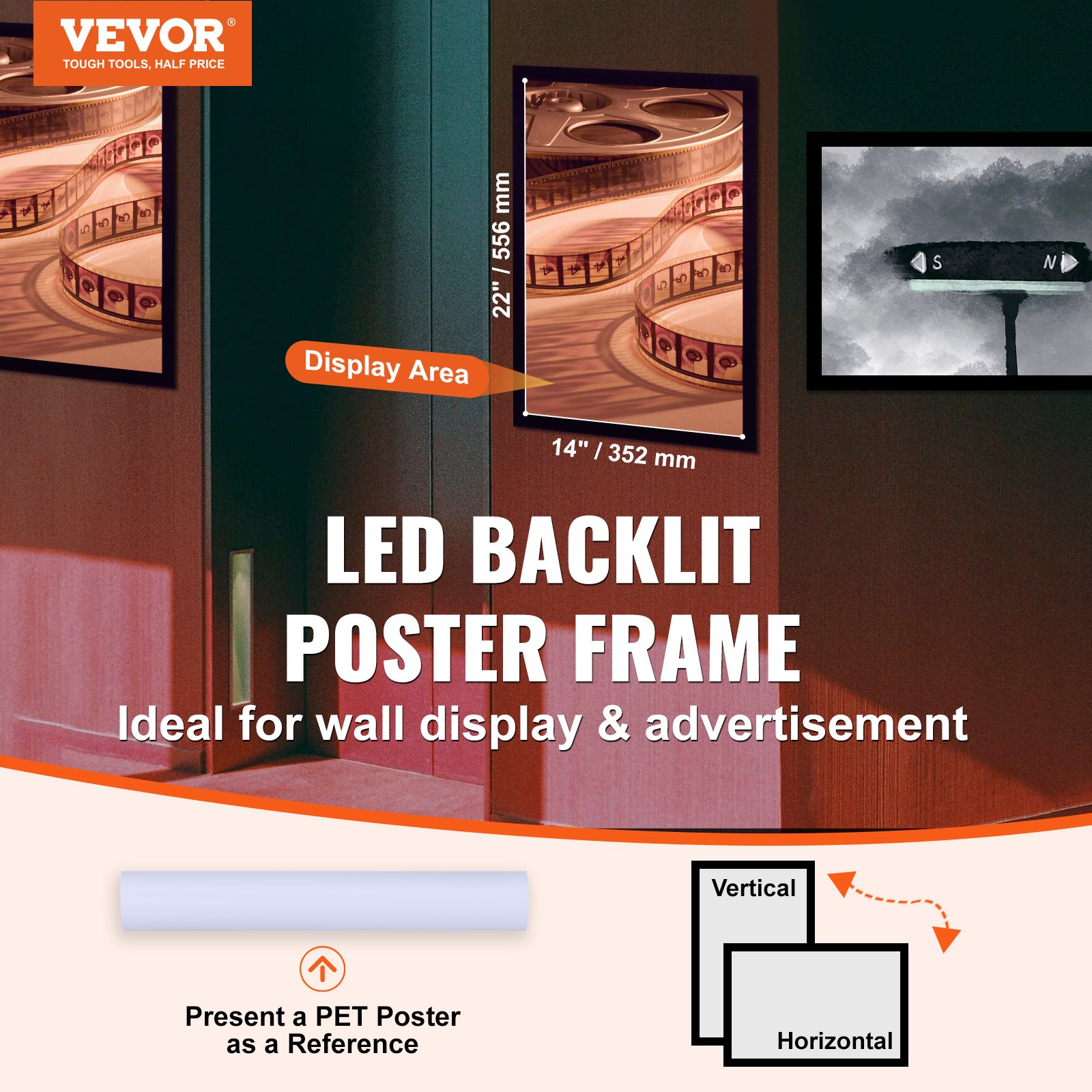 Marco de póster LED VEVOR, ideal para exhibición en pared y publicidad, que muestra versatilidad vertical/horizontal.
