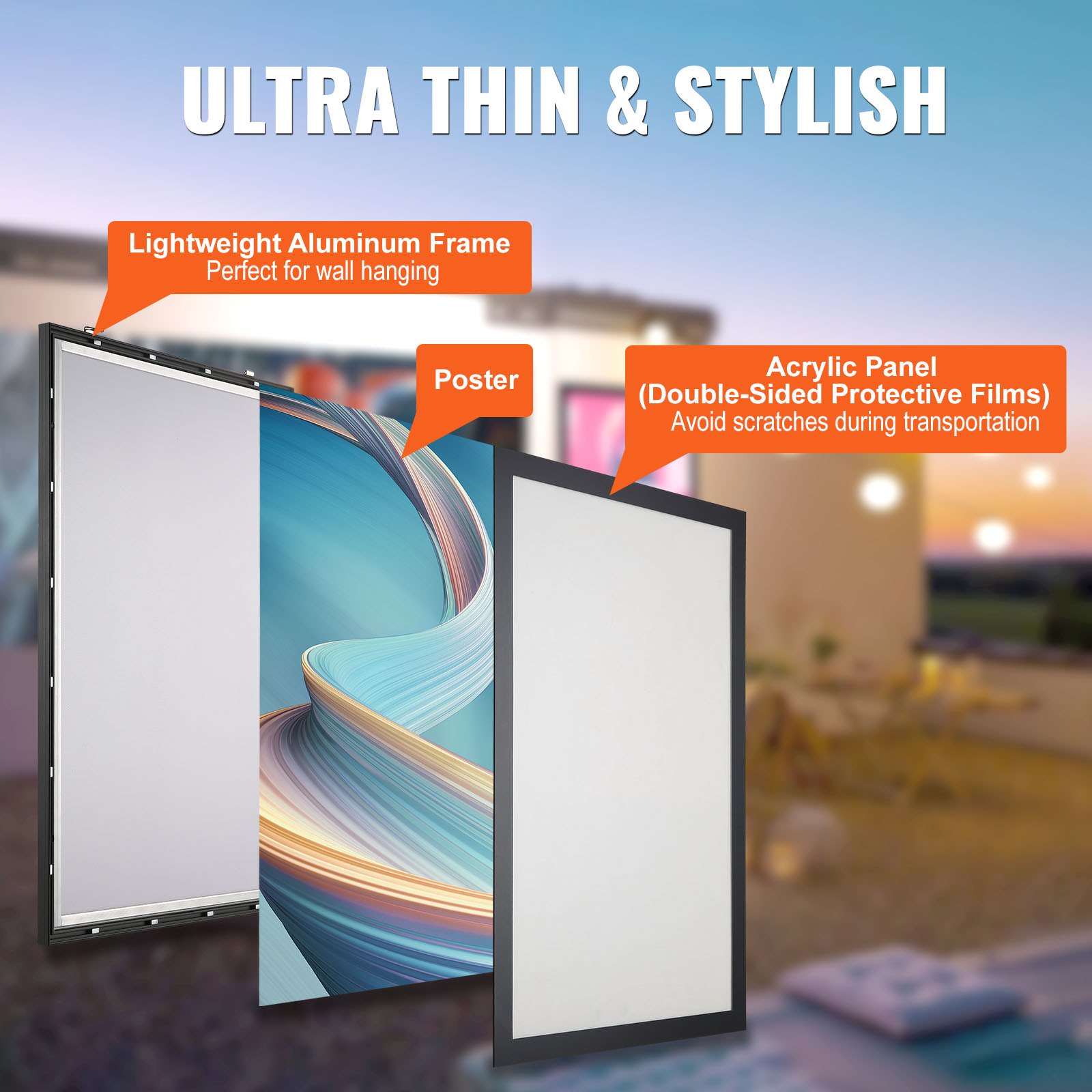 Marco de póster LED VEVOR ultrafino y elegante con paneles de aluminio livianos y acrílico.