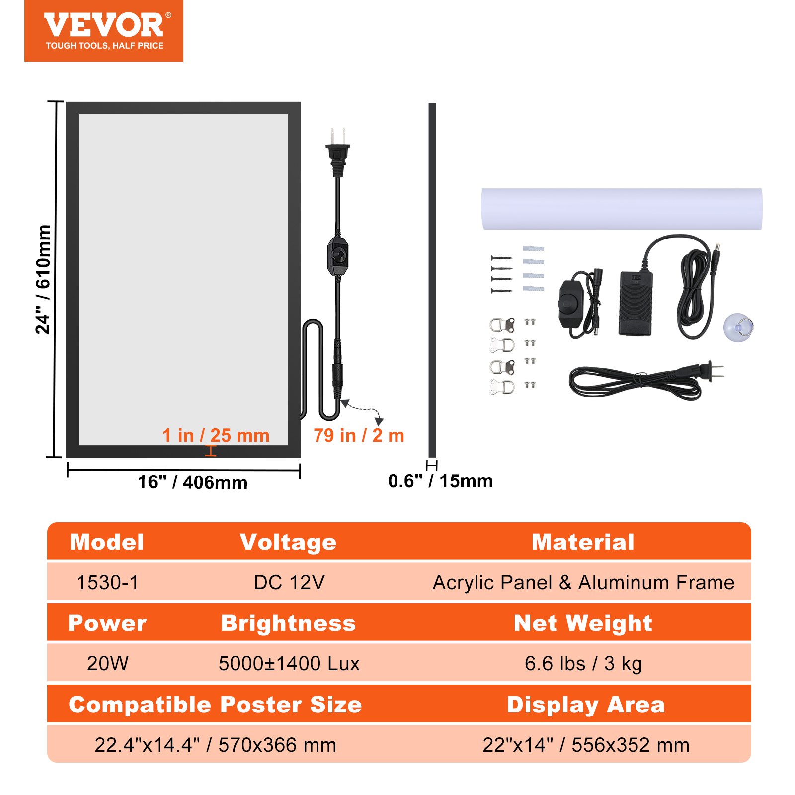 Dimensiones del marco del cartel LED VEVOR, accesorios de instalación, cable de alimentación y especificaciones del producto.