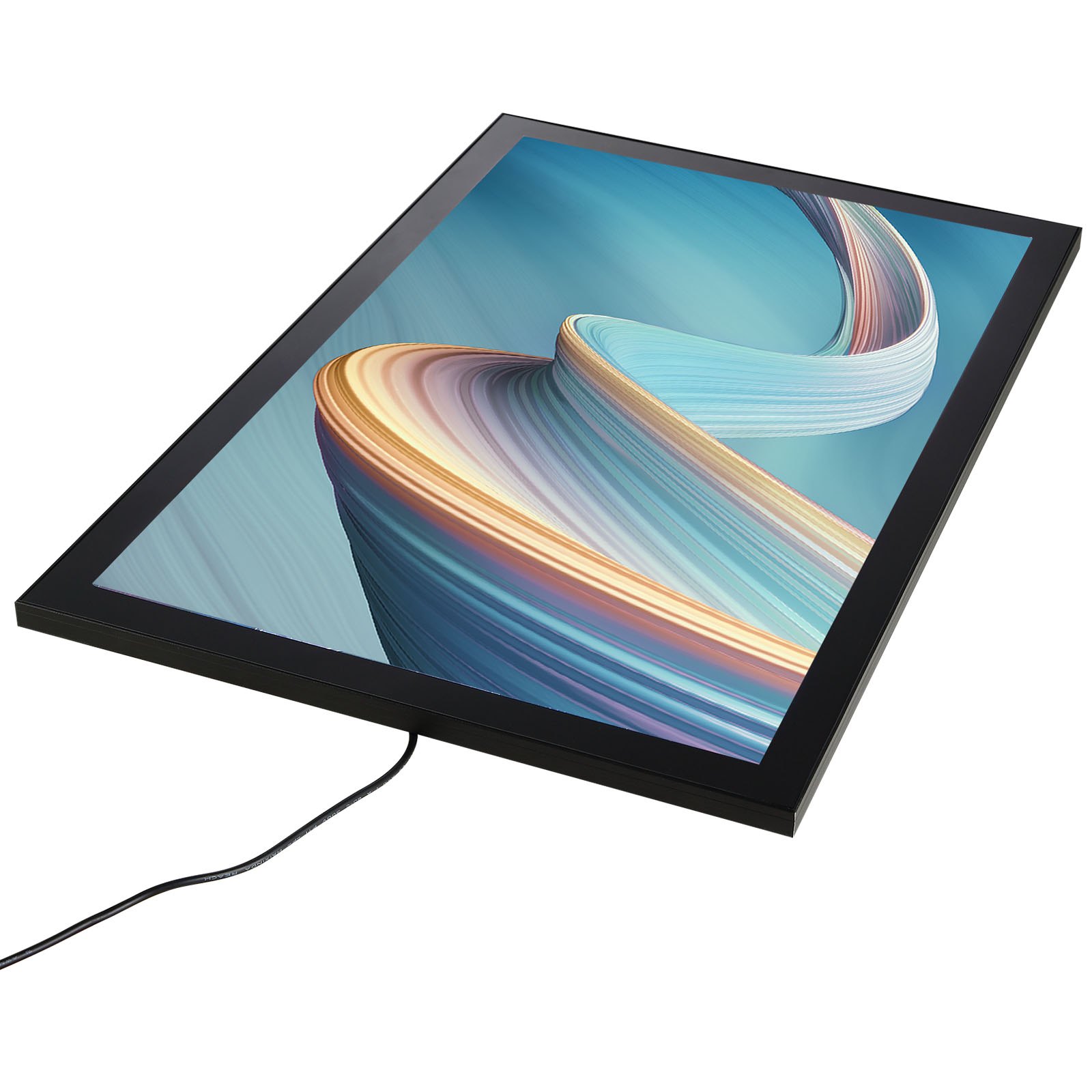 Elegante marco de póster LED VEVOR que muestra obras de arte abstractas y vibrantes con un borde negro delgado y moderno.
