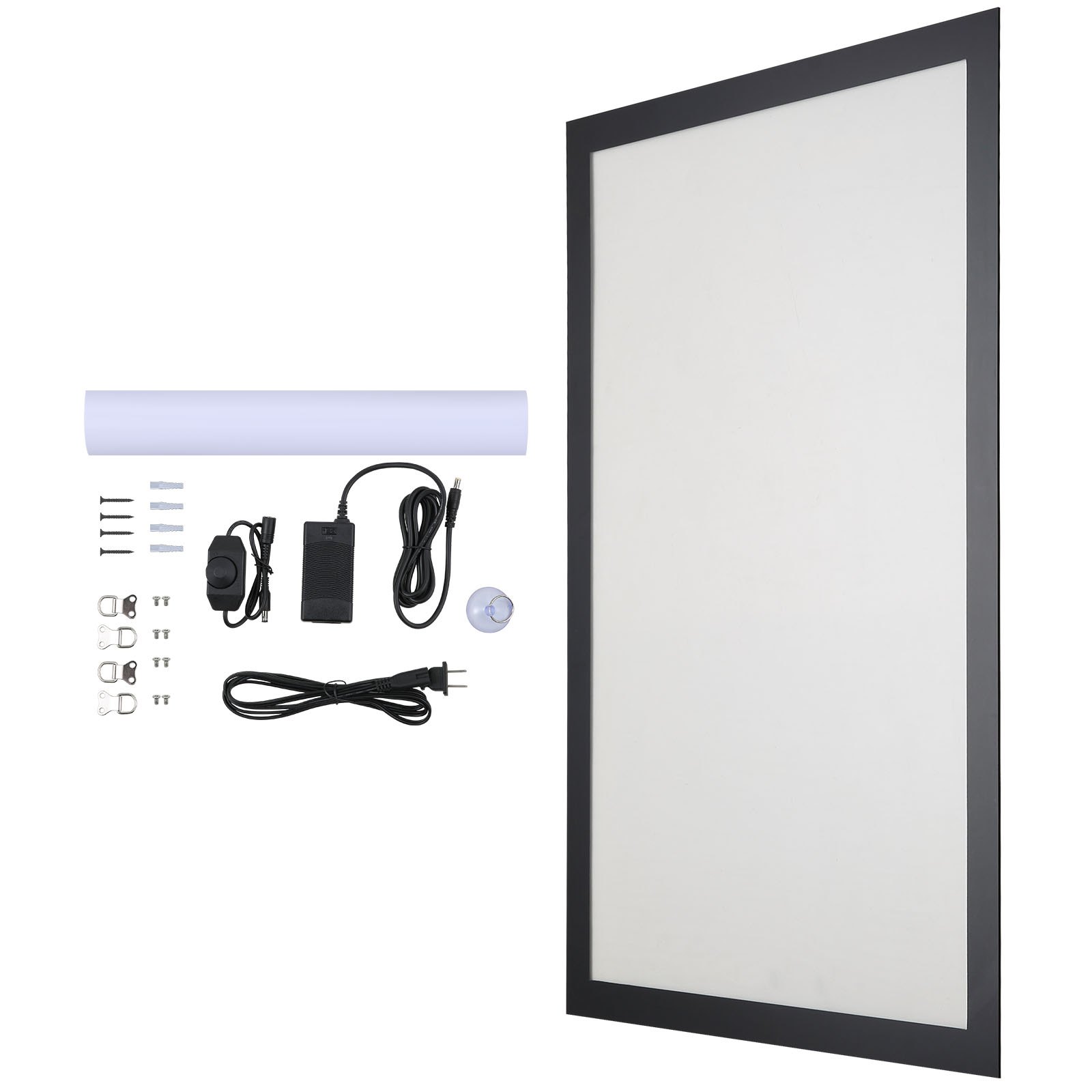 Marco de póster LED VEVOR con kit de instalación, fuente de alimentación y accesorios. Elegante diseño de marco negro.