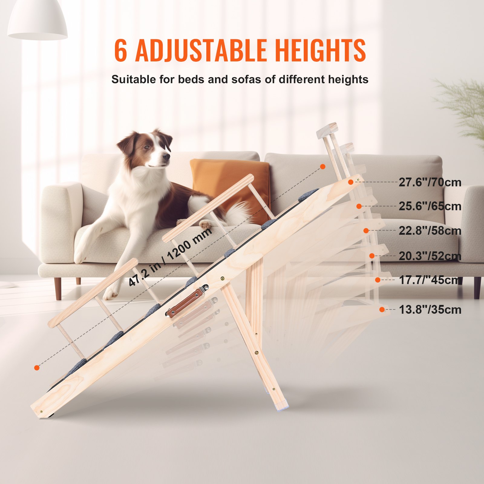 VEVOR Rampa para perros, rampa plegable para mascotas para cama, rampa ajustable para perros y gatos pequeños, grandes, viejos, rampa de madera para mascotas con rampa de 47.2 pulgadas de largo, ajustable de 13.8 a 27.6 pulgadas, adecuada para sofá, coche