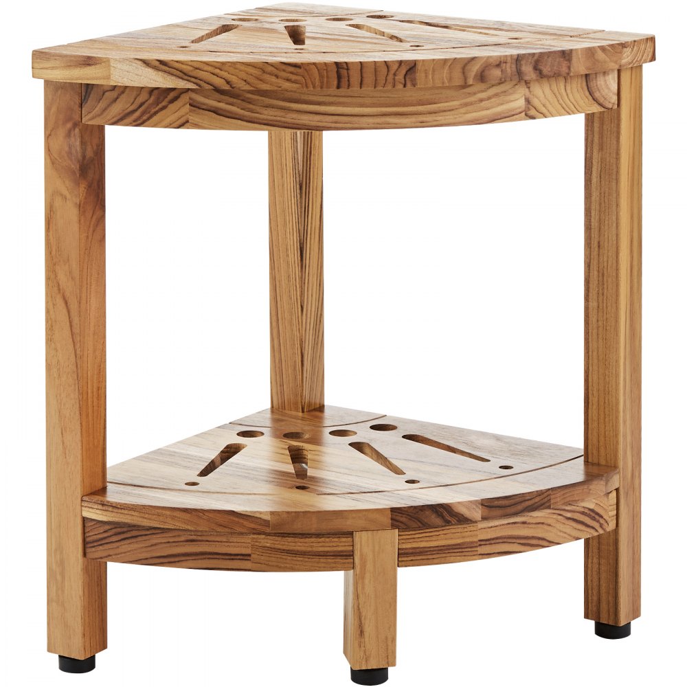 Banco de ducha triangular de teca VEVOR con estantes de listones de dos niveles y patas de madera resistentes.