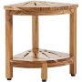 Banco de ducha triangular de teca VEVOR con estantes de listones de dos niveles y patas de madera resistentes.