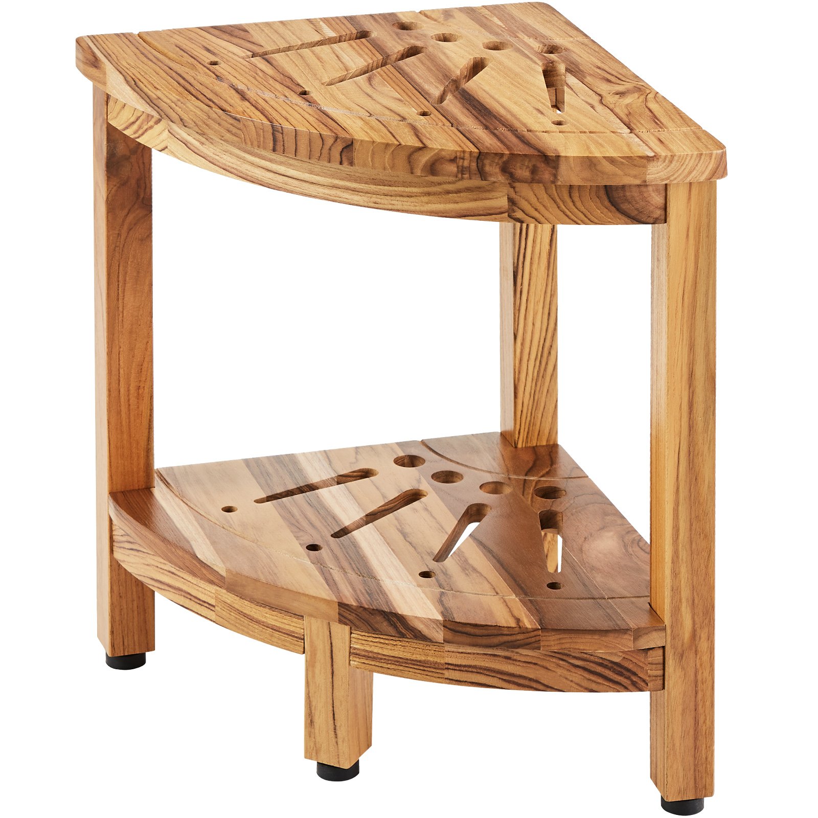 Banco de ducha de esquina VEVOR de teca con estantes de listones, patas resistentes y acabado de madera natural.