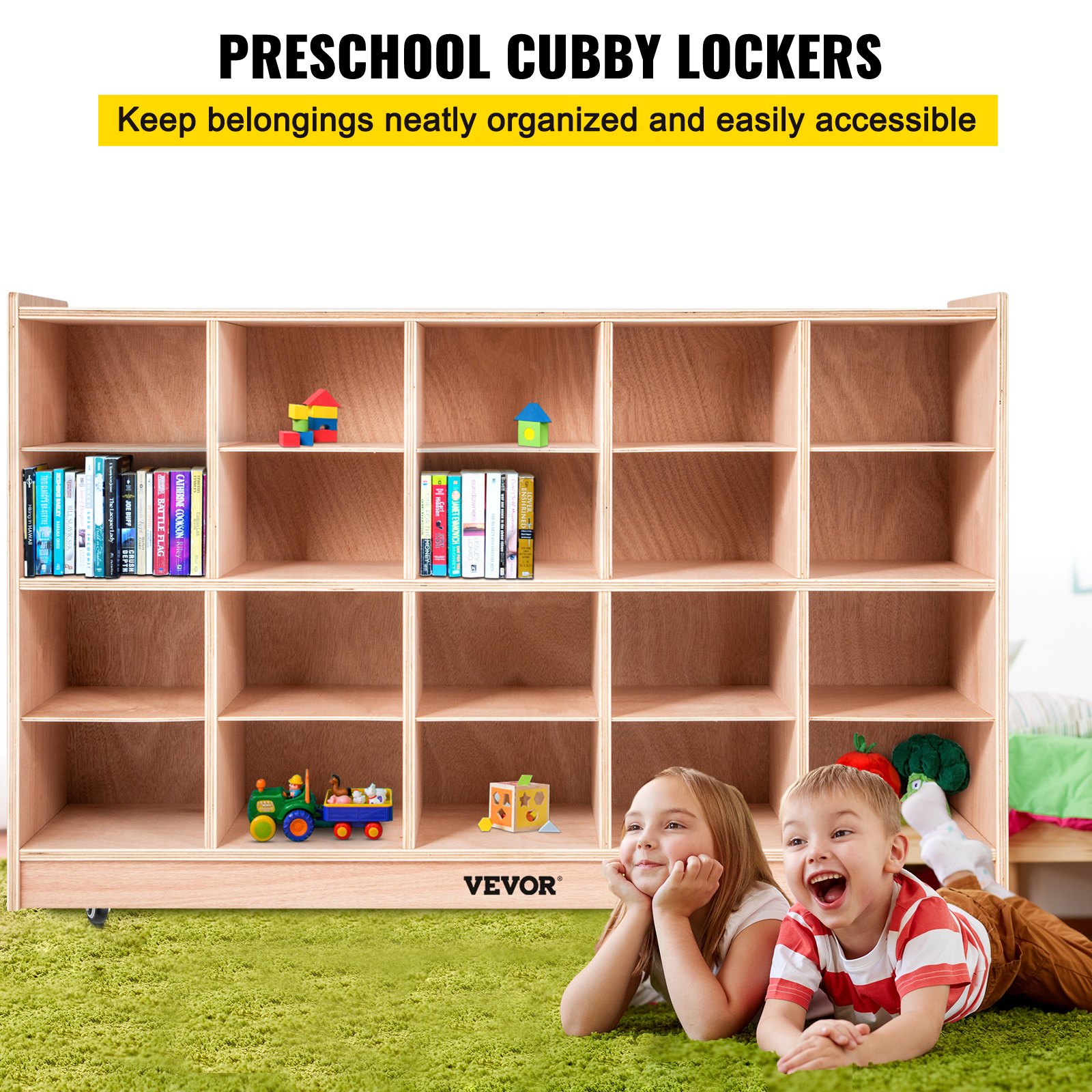 VEVOR Estantería Infantil para Juguetes y Libros de Madera 122x30x76 cm con 20 Rejillas y Ruedas Estantería Organizadora para Juguetes de Alta Capacidad a Prueba de Agua Librería de Juguetes Infantil